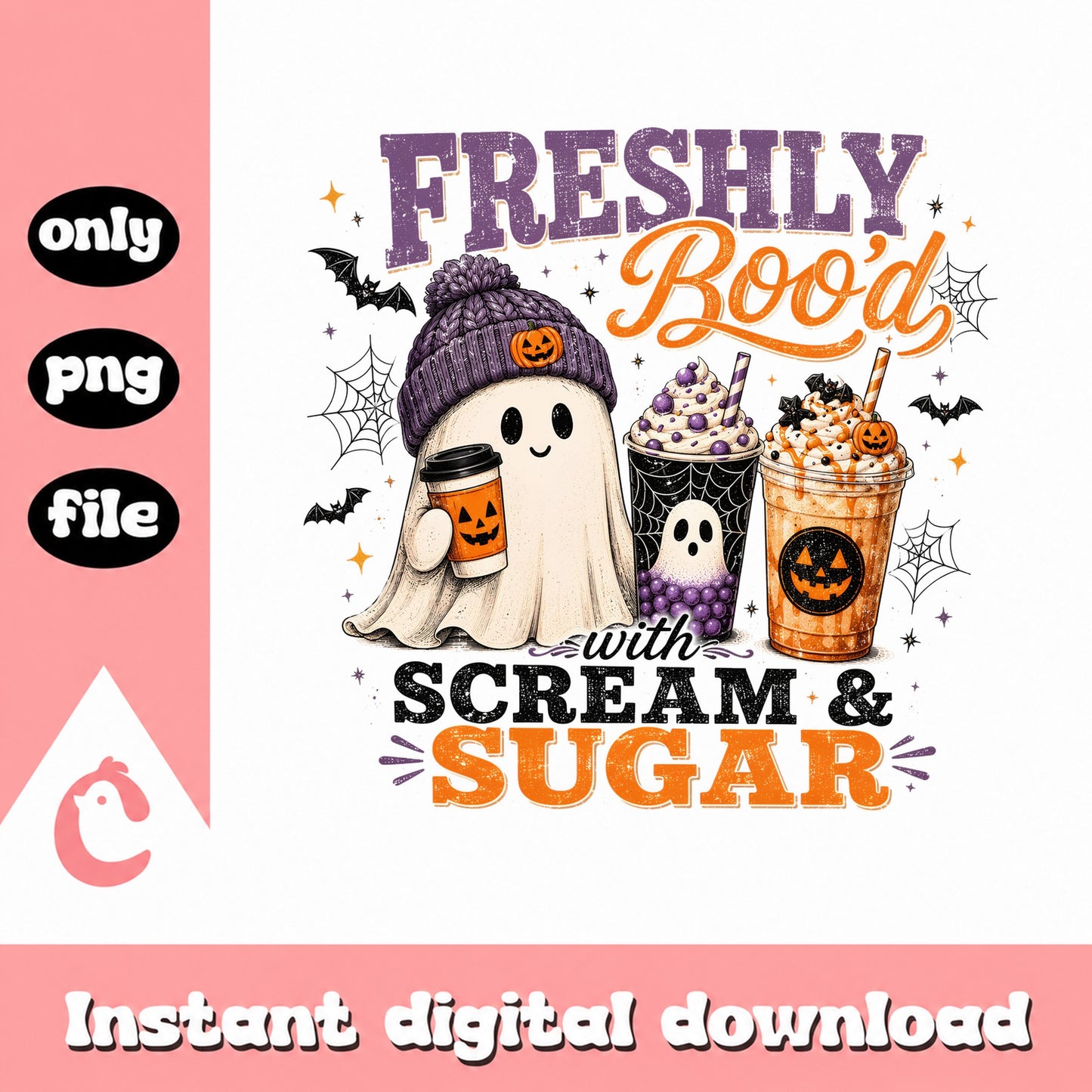 Freshly Booed Ghost Halloween PNG, Spooky Coffee PNG, Halloween PNG
