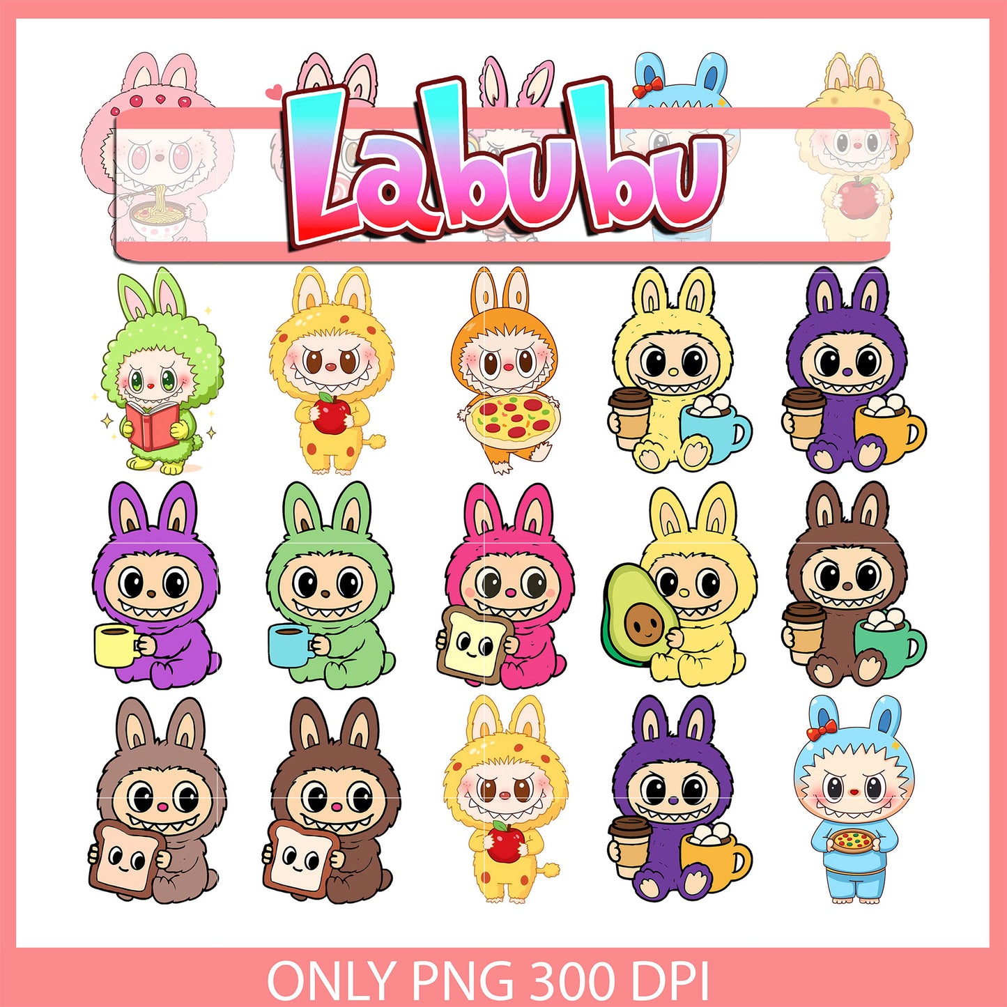 Full color labubu hand food design bundle png, labubu clipart png