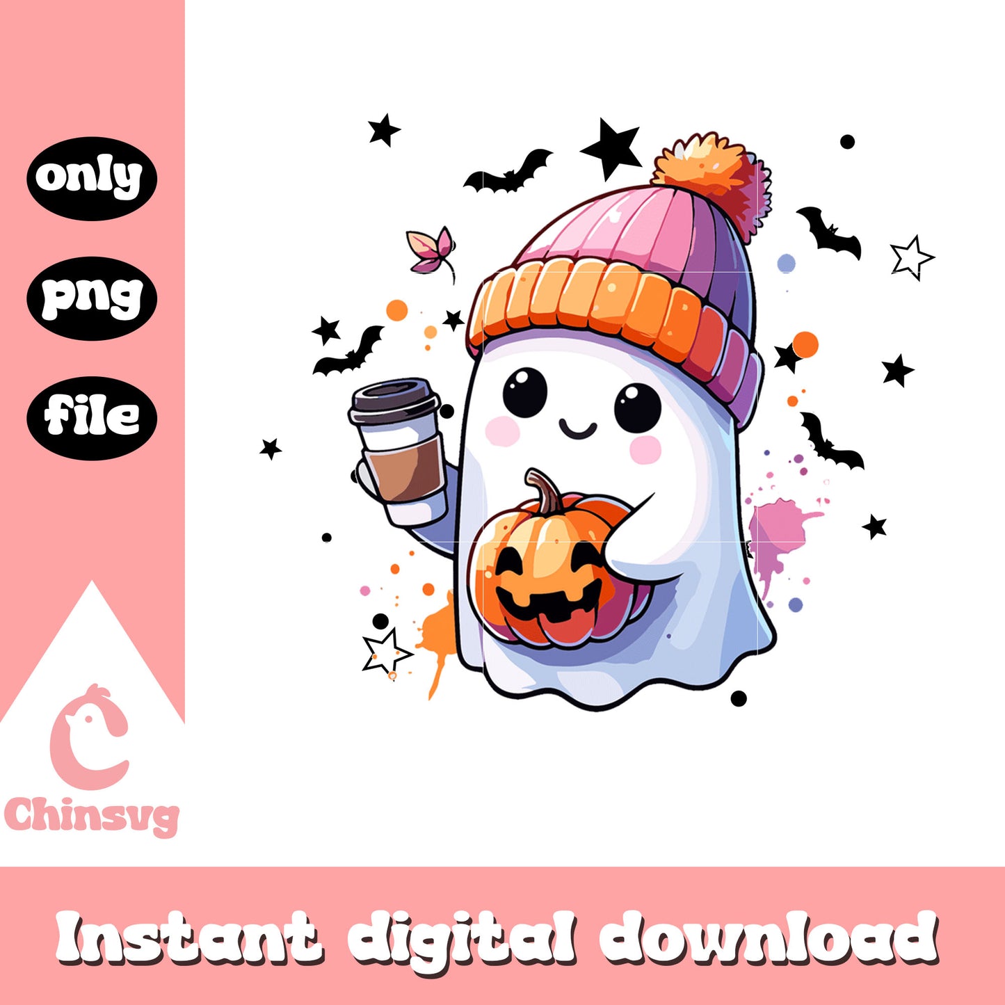 Ghost and pumpkin drink coffee png, ghost in sheet png