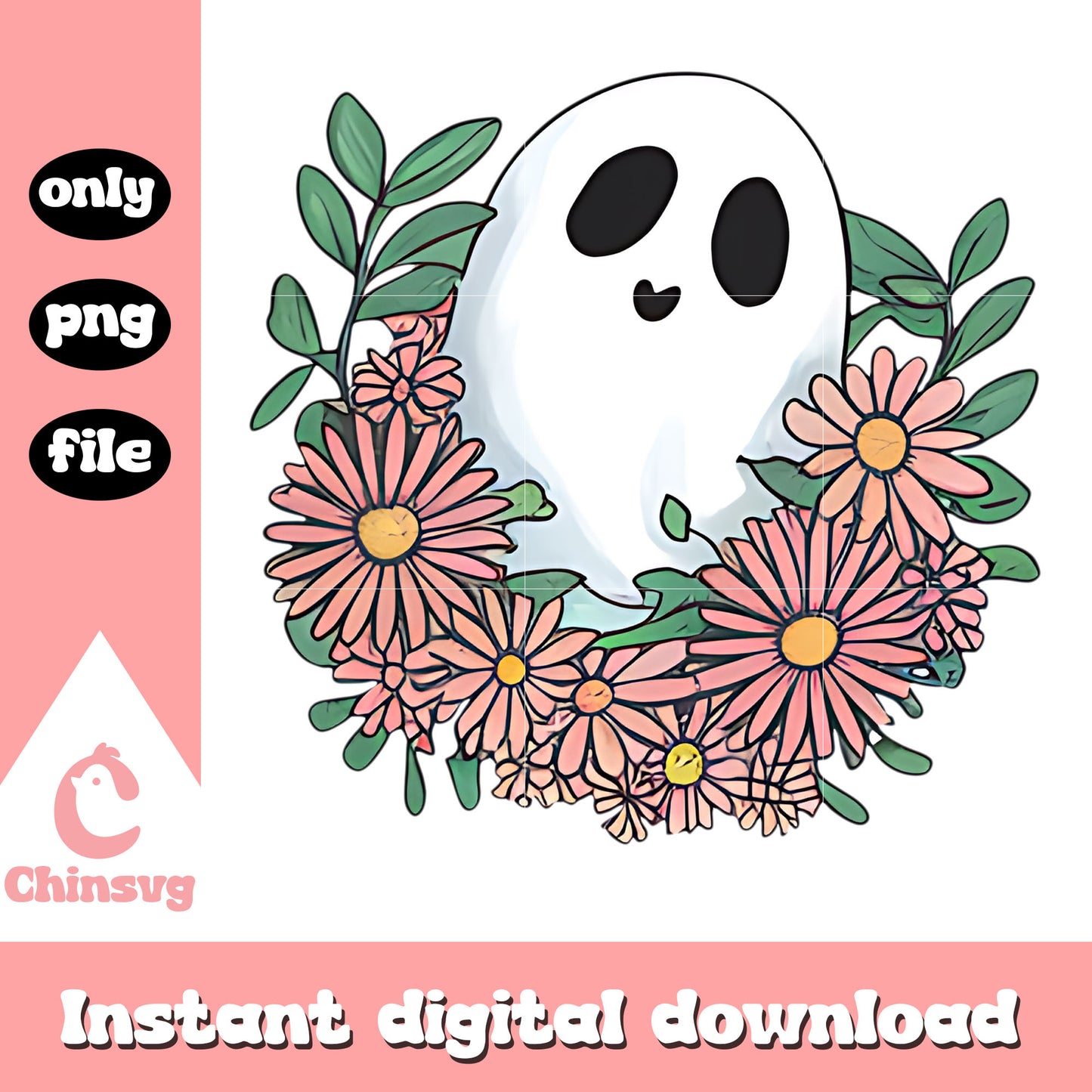 Ghost cute flower desdign png, cute ghost png, halloween ghost png