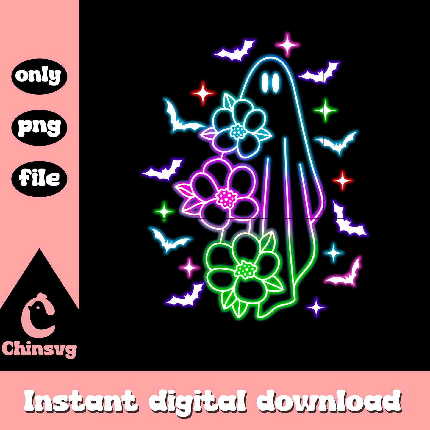 Ghost cute flower halloween neon art png, ghosts halloween png