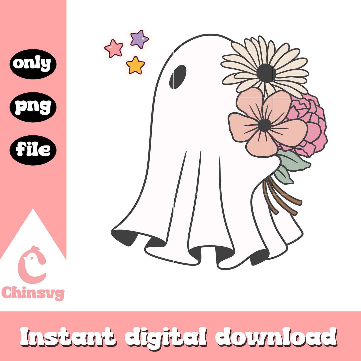 Ghost haloween and flower design png, spooky boo png