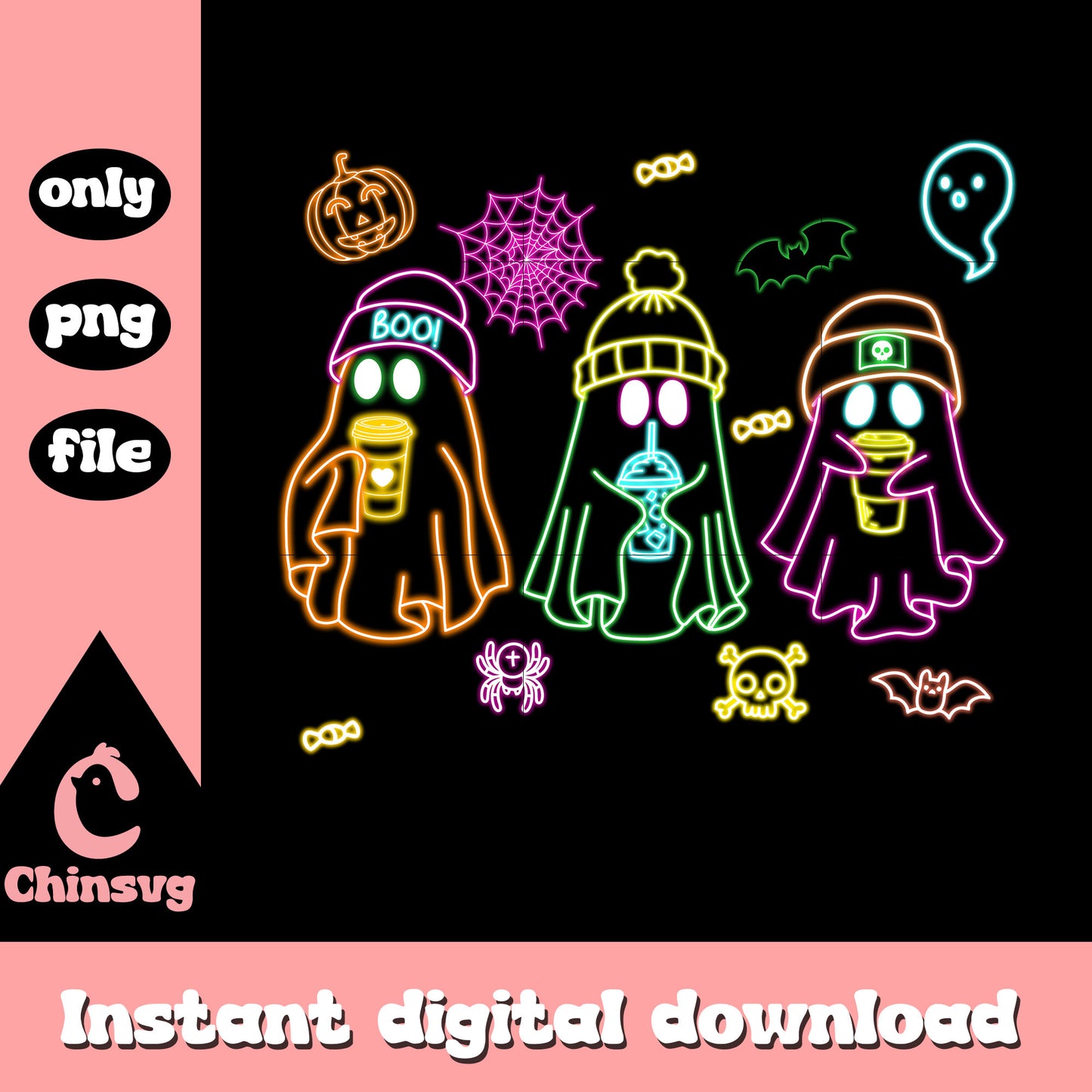 Ghost have coffee halloween neon art png, halloween day png