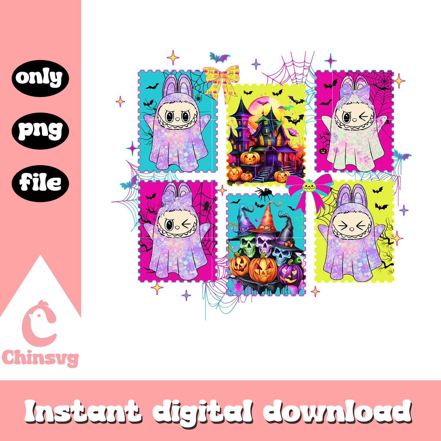 Ghost labubu castle halloween coquette design png, happy halloween png