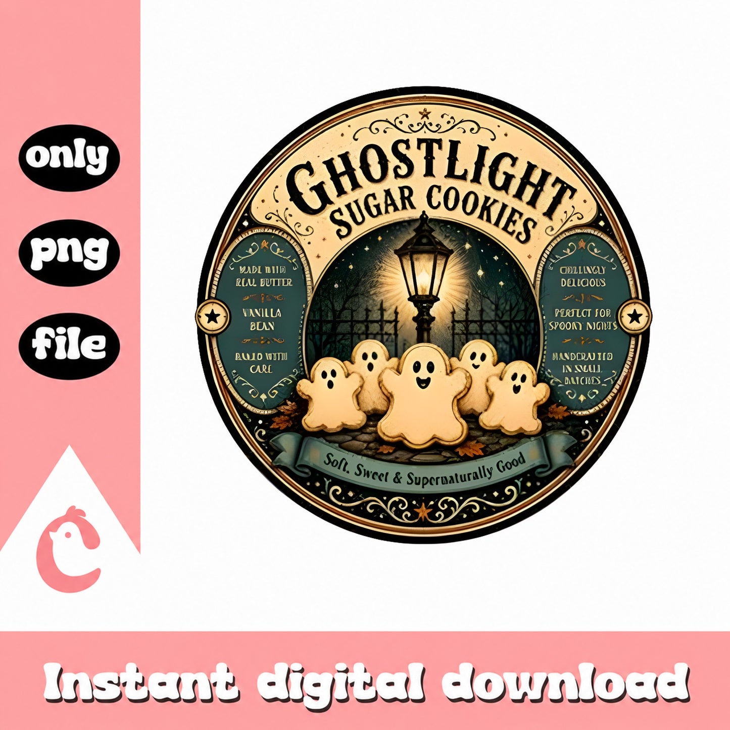 Ghostlight Sugar Cookies PNG, Halloween Vintage Label, PNG File