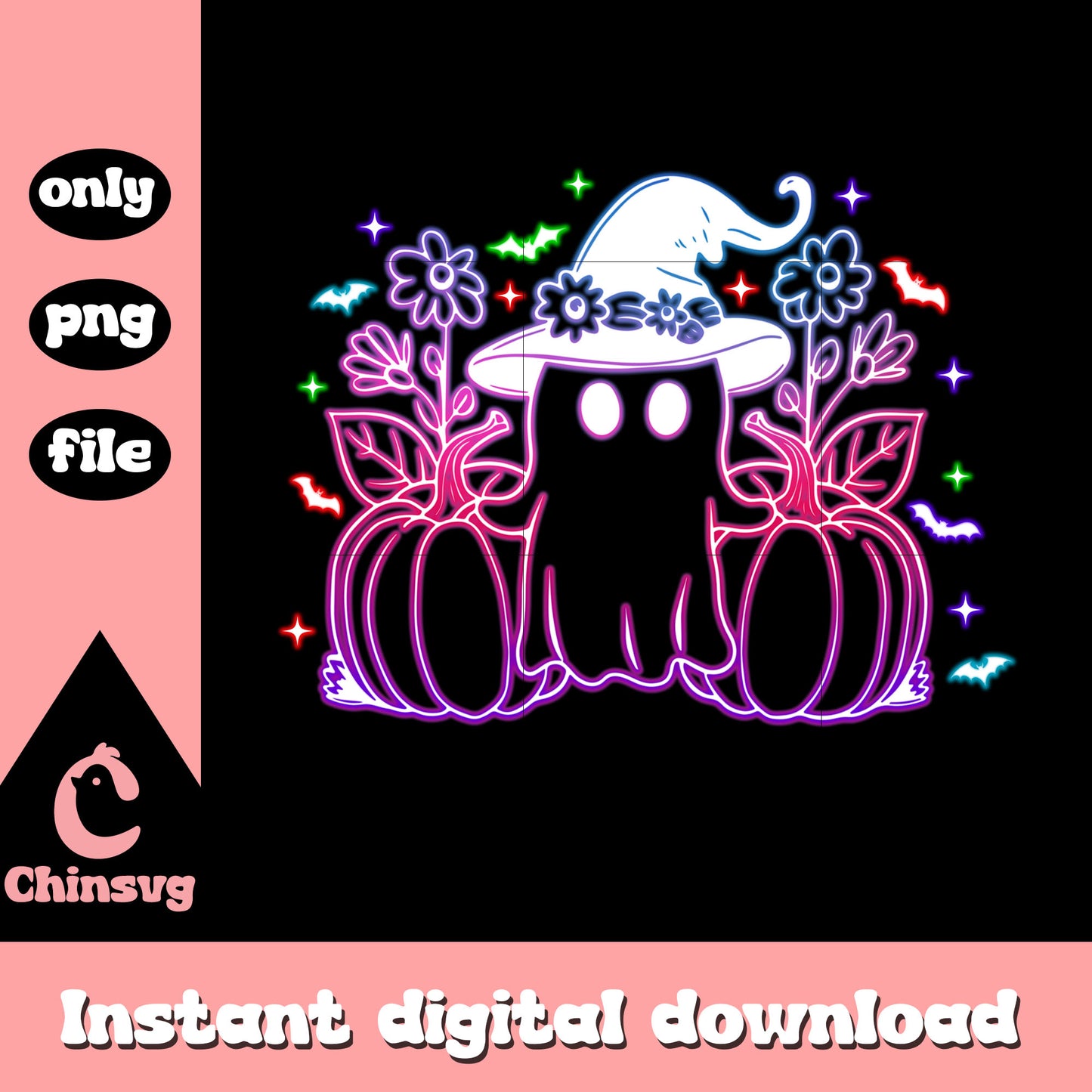 Ghost witch with pumpkin floral halloween neon png, cute halloween ghost png