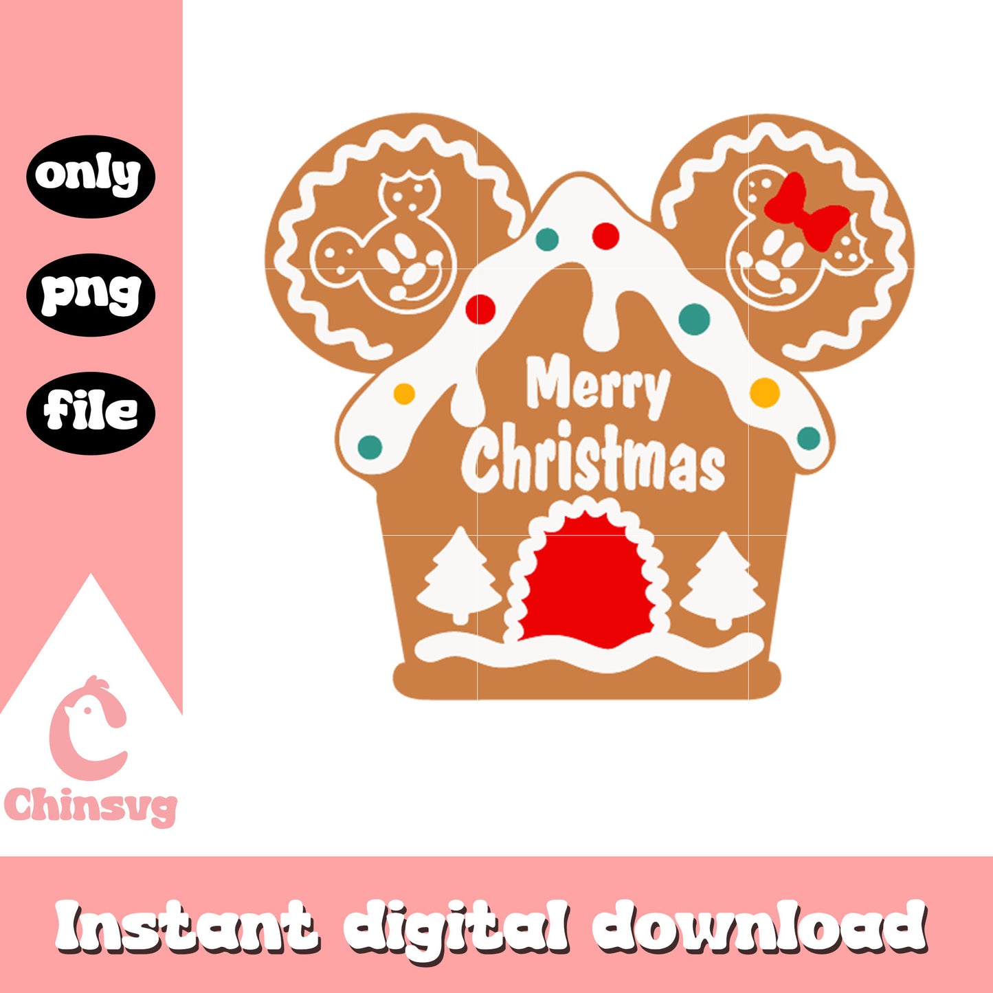 Gingerbread house merry christmas png, mickey ears christmas png