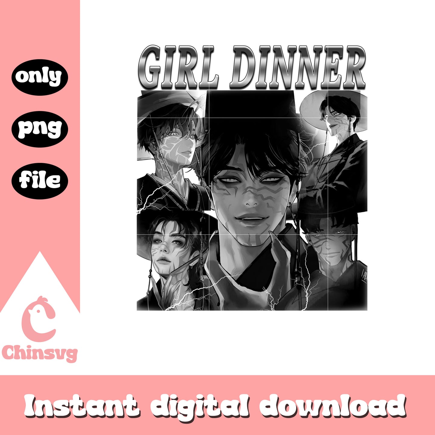 Girl dinner black and white design png, saja boys band png