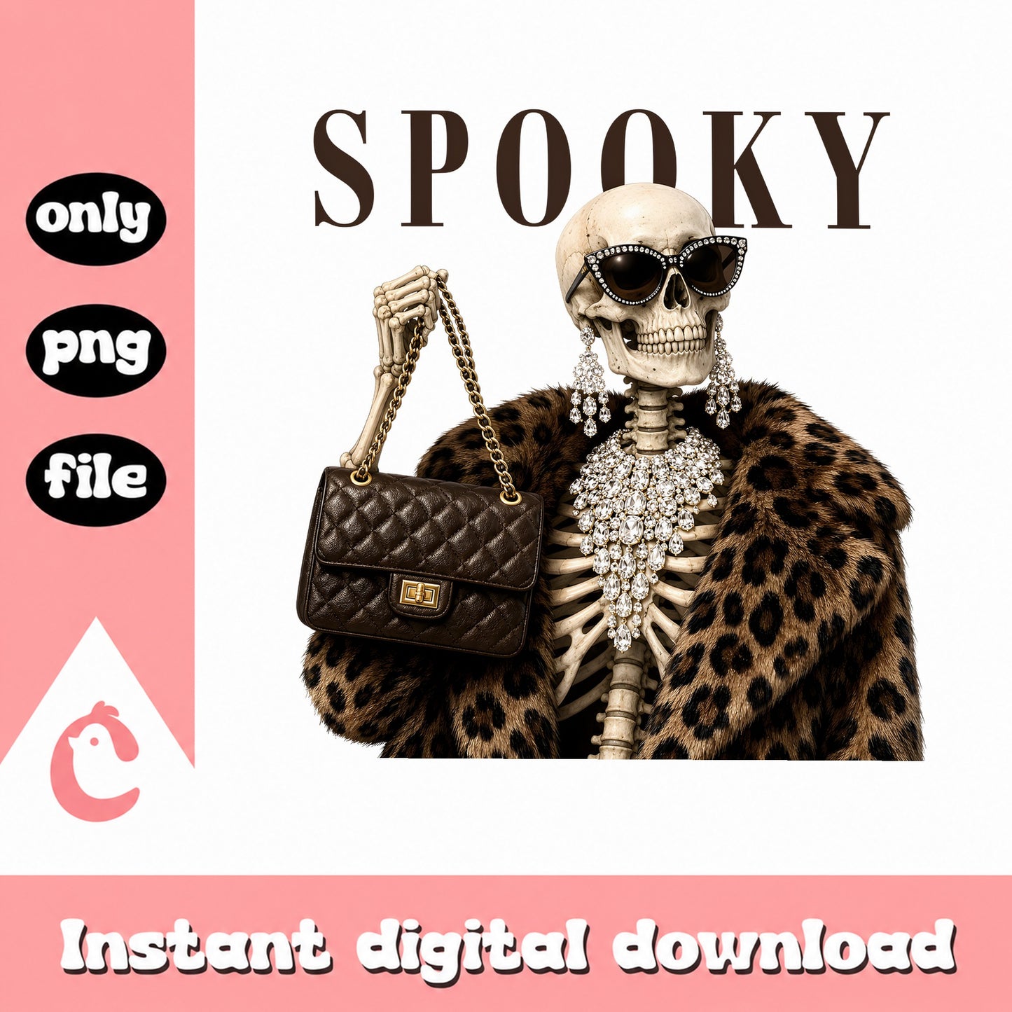 Glamour Skeleton Halloween PNG, Spooky Skull Leopard Coat, Sassy Skeleton PNG