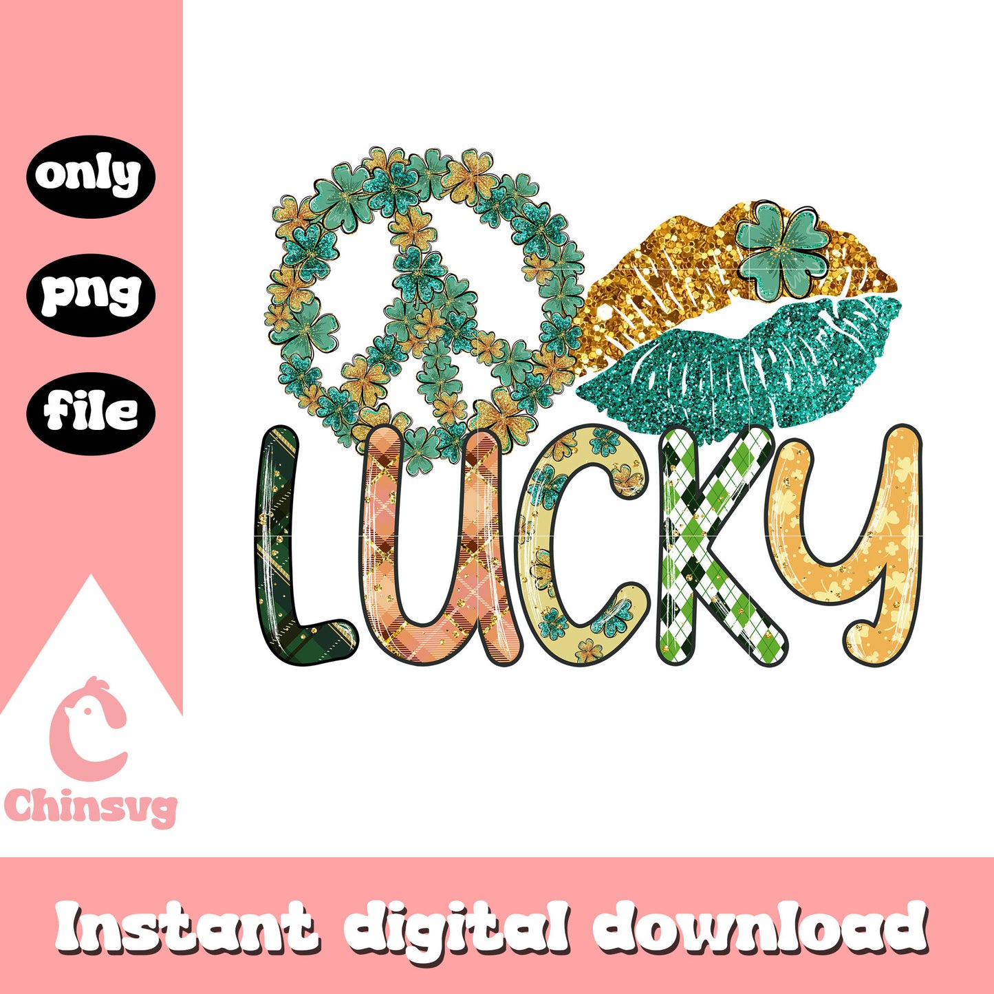 Glitter lips lucky design png, st patrick's day decorations png