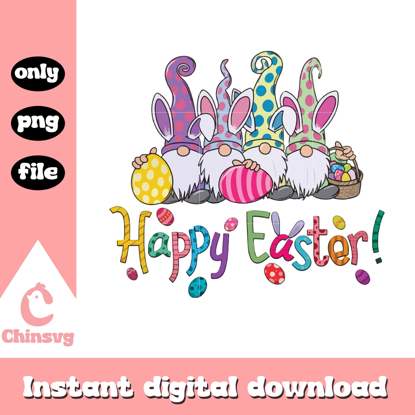 Gnomes bunny happy eaters design png, gnomes easter png