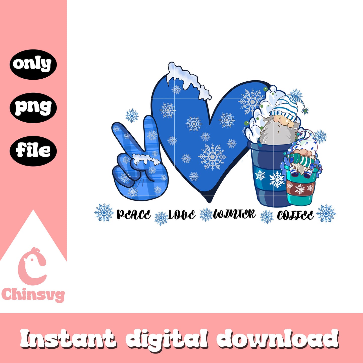 Gnomes peace love winter coffee design png, gnomes christmas png
