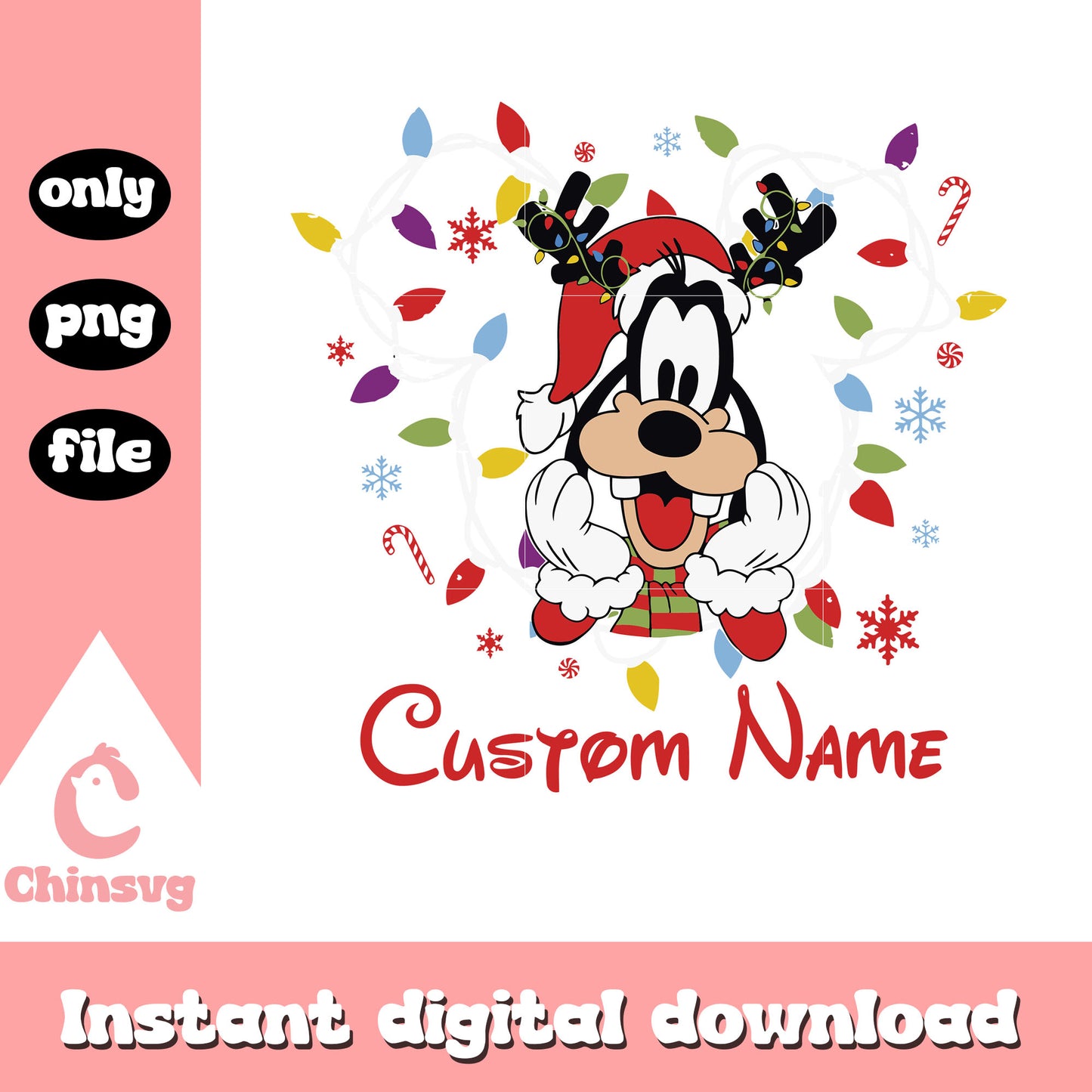 Goofy dog custom name christmas lights png, christmas goofy png