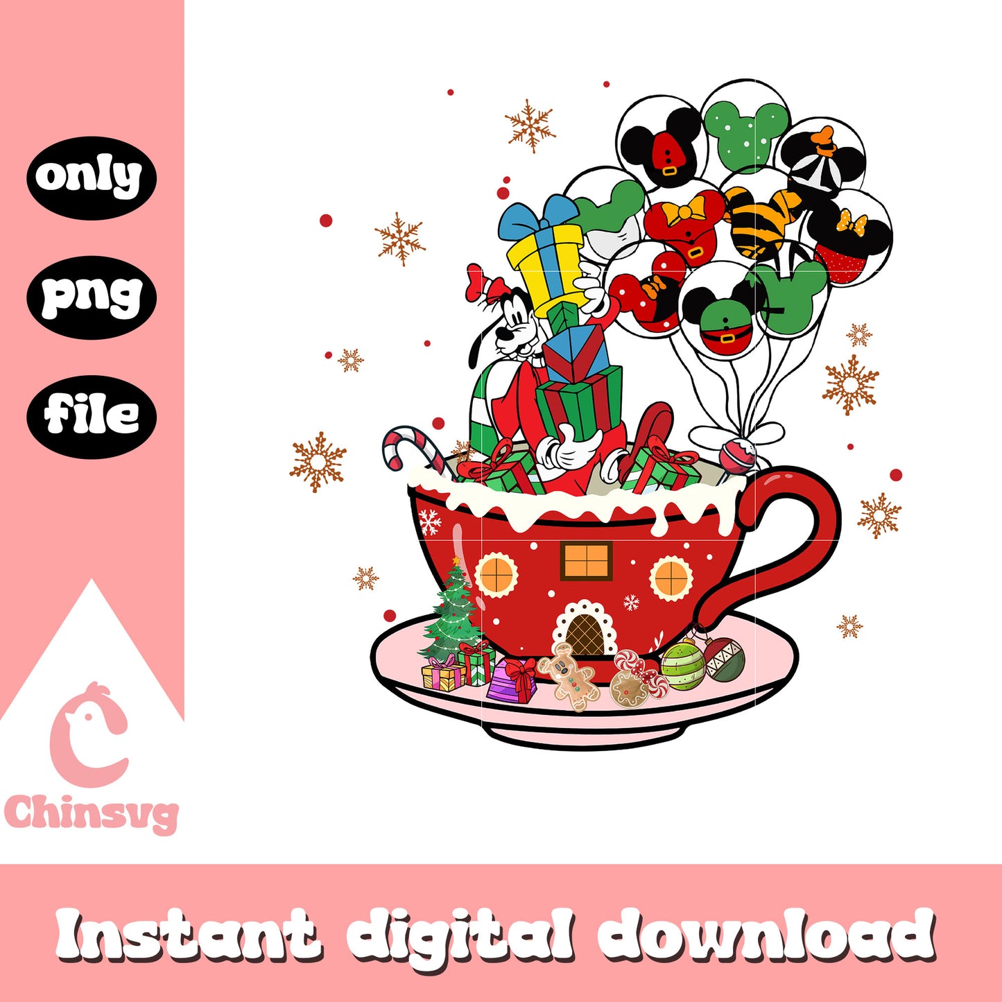 Goofy tea cup christmas png, christmas presents png