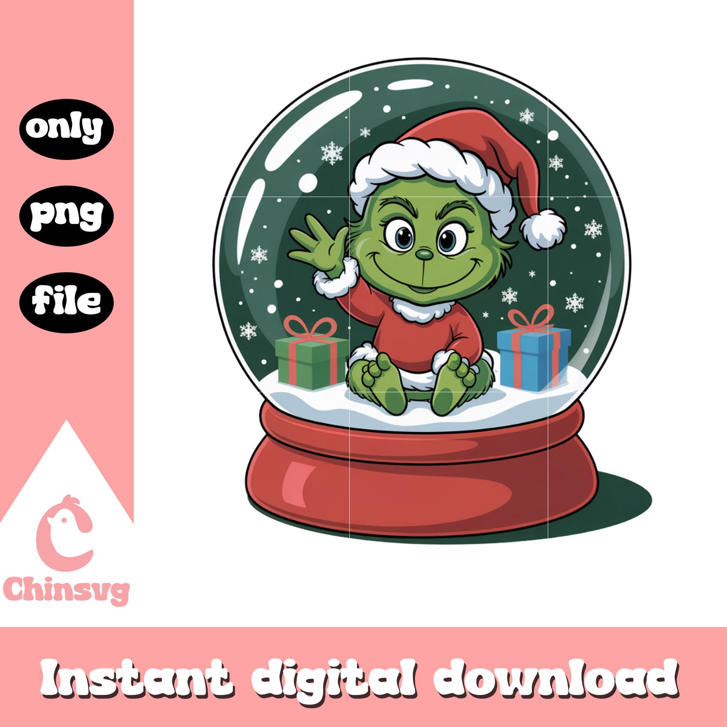 Green grinch snow globe xmas gift png, christmas pics png