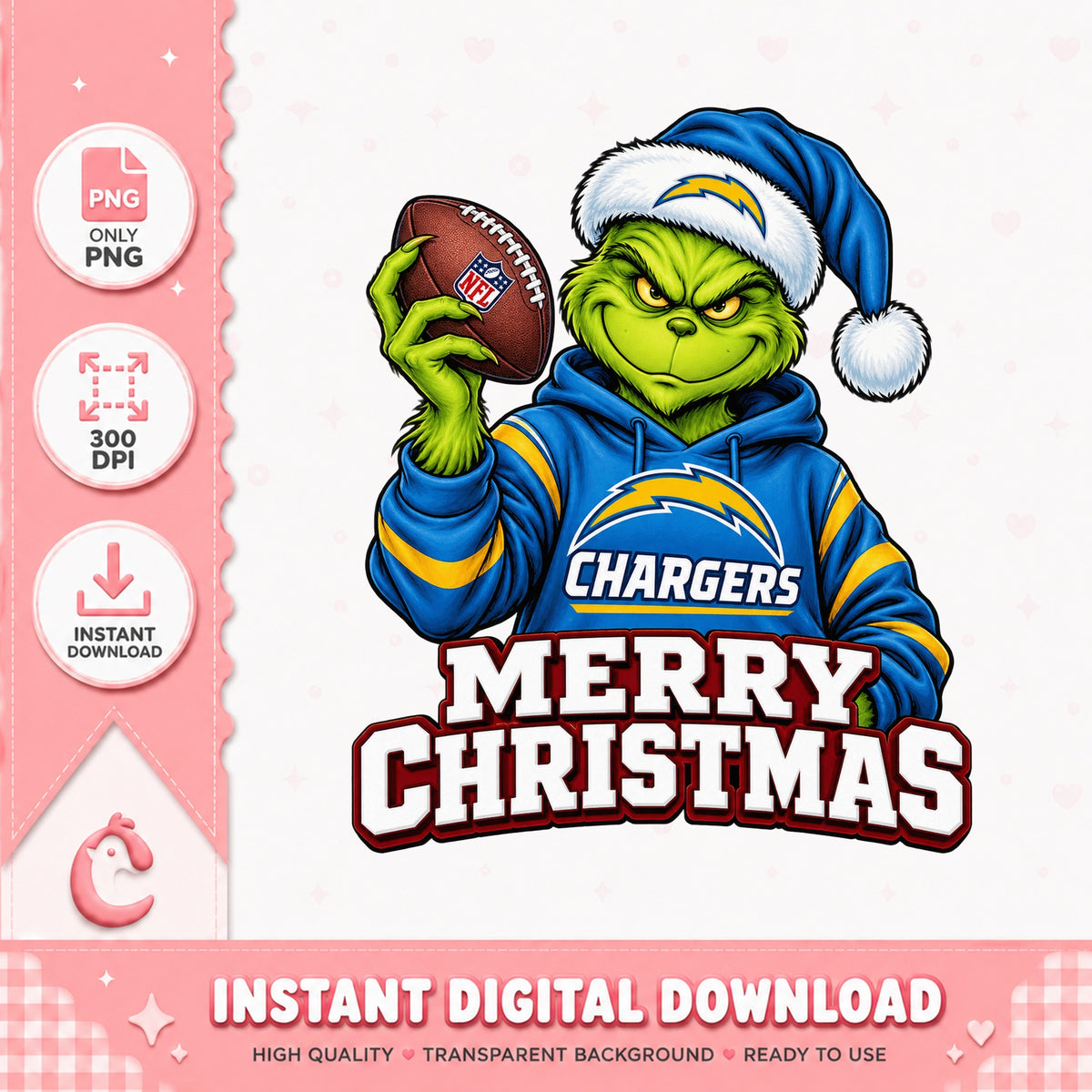 Grinch Chargers Football Christmas PNG, NFL Holiday PNG, PNG