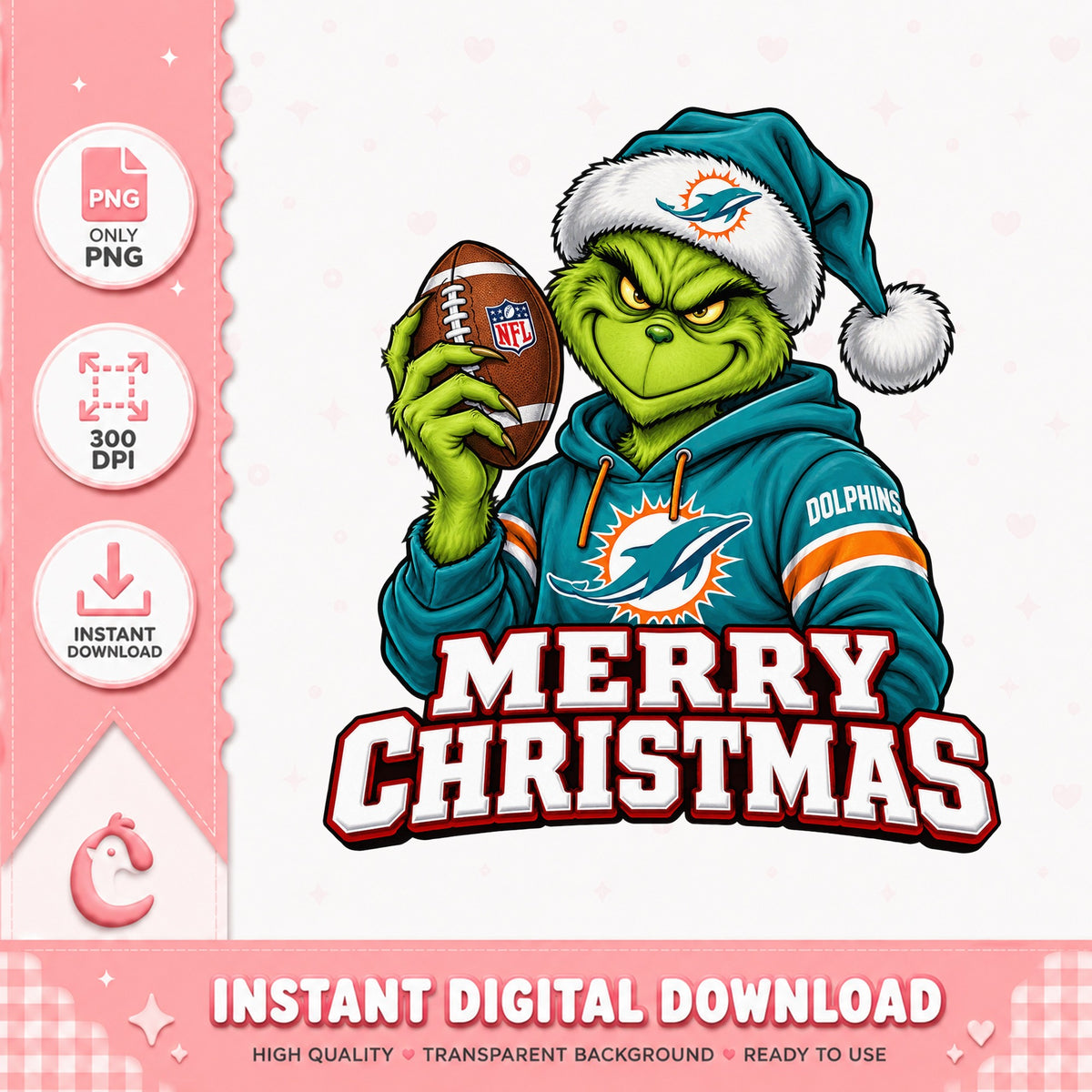 Grinch Miami Dolphins Christmas PNG, NFL Football Xmas, PNG
