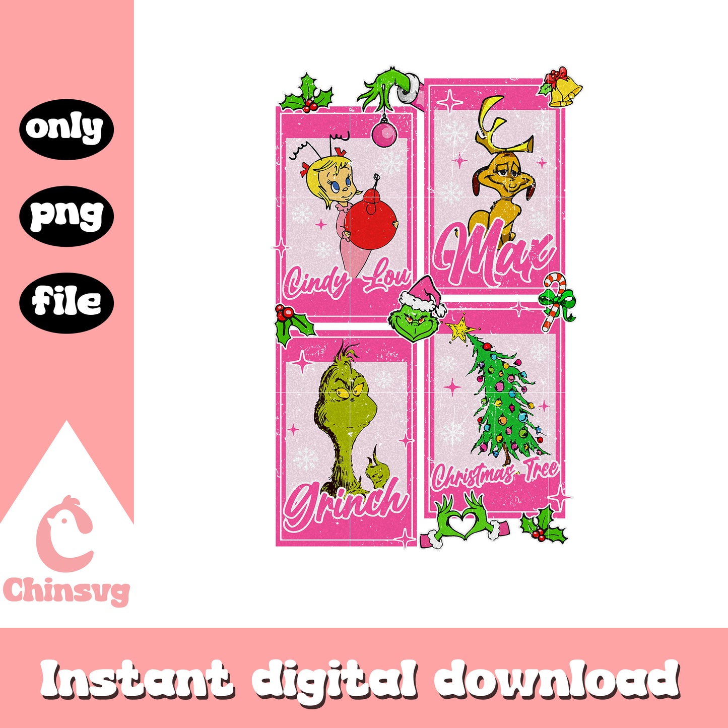 Grinch characters card pink png, grinch characters png