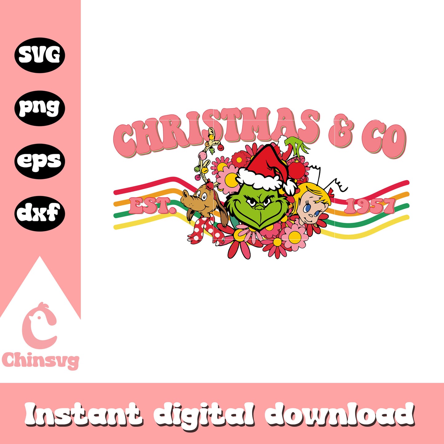Grinch christmas and co est 1957 pink svg, grinch and friends svg