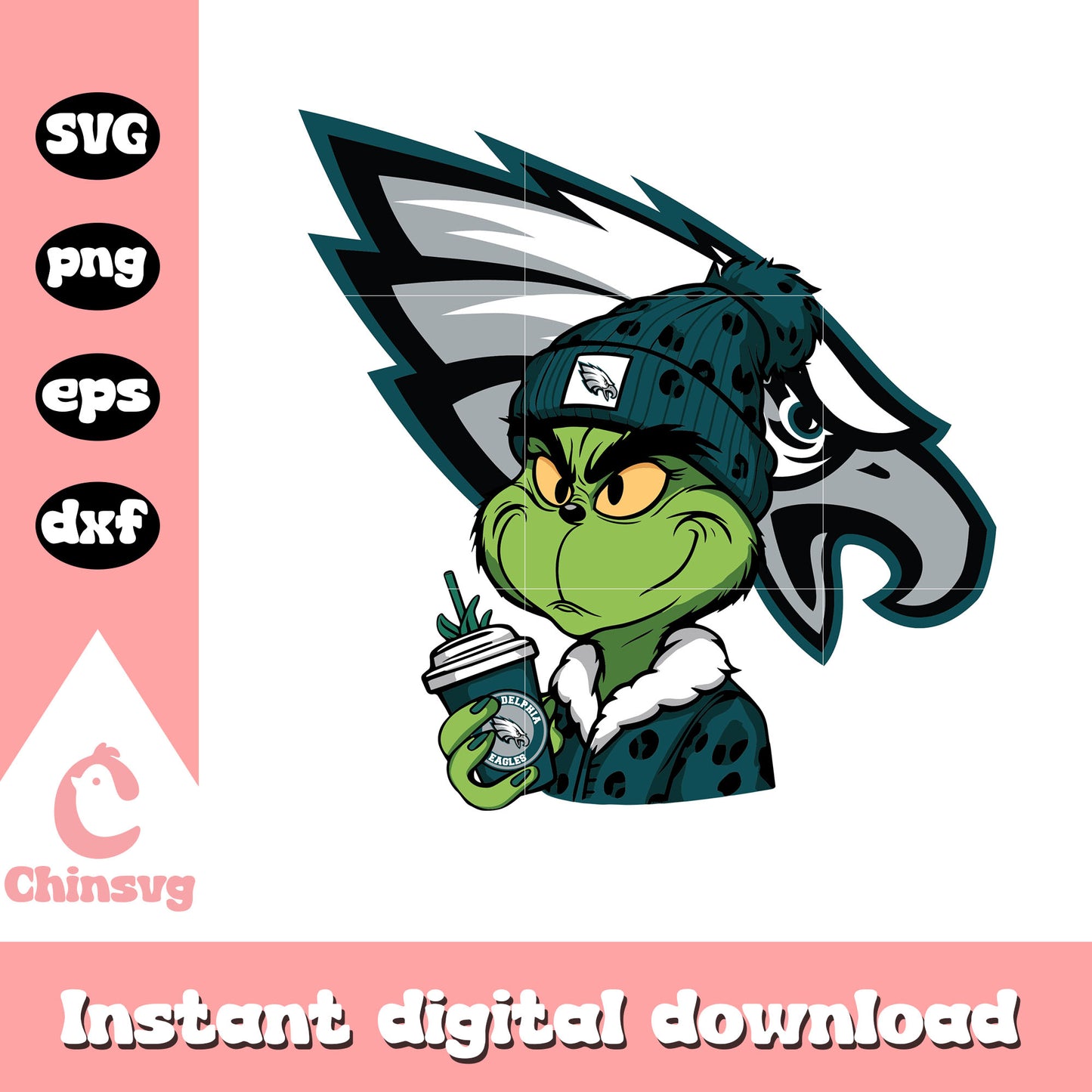 Grinch coffee with eagles logo svg, philadelphia eagles christmas svg
