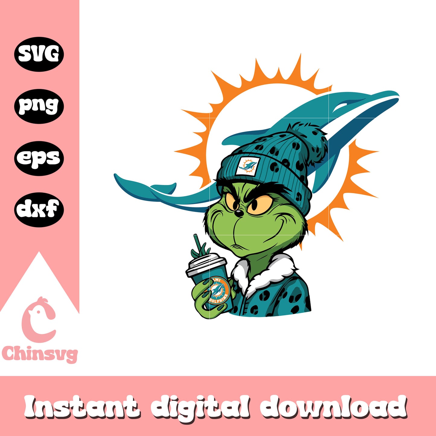 Grinch coffee with miami dolphins logo svg, miami dolphins christmas svg