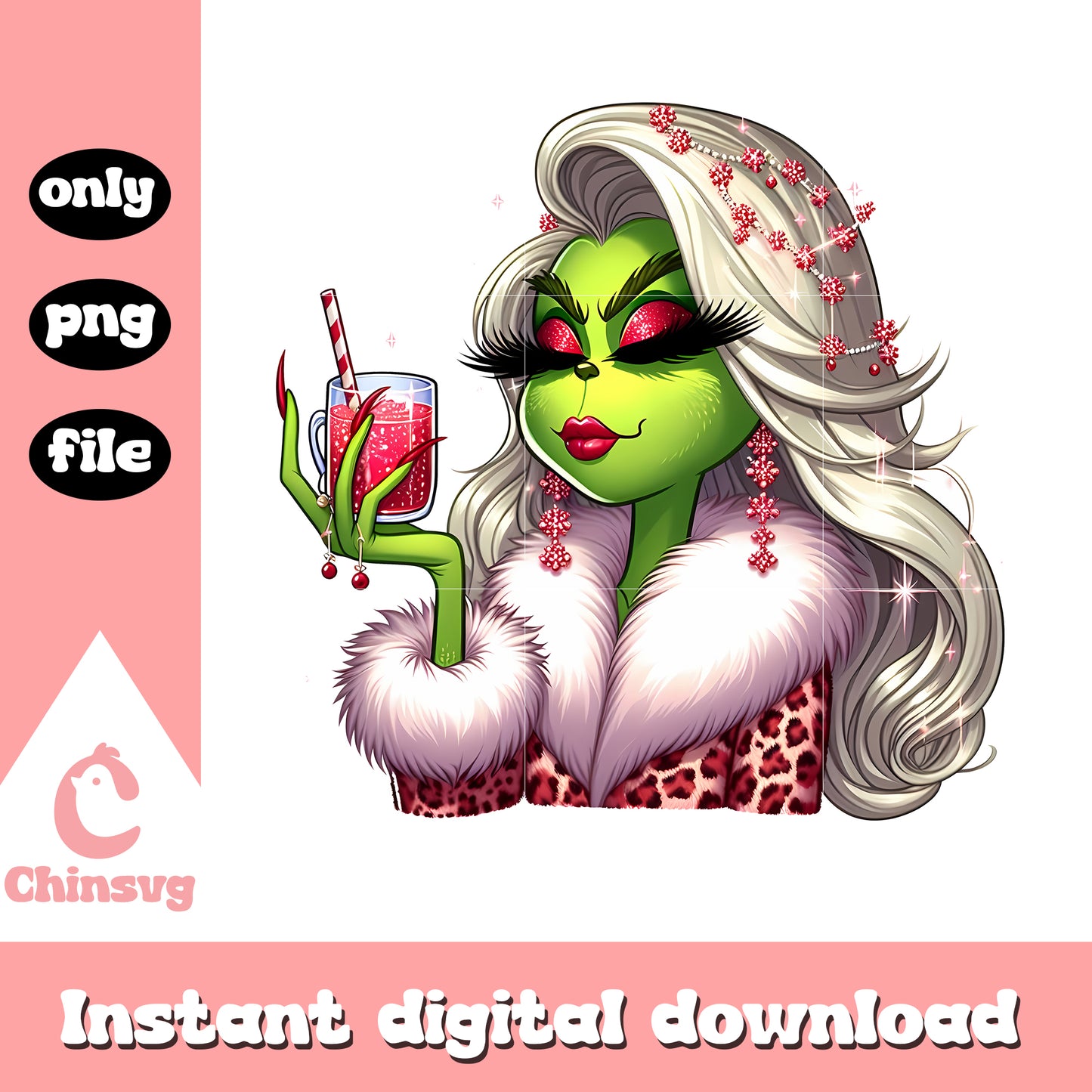 Grinch girl leopard drinking blink png, grinch merry christmas png