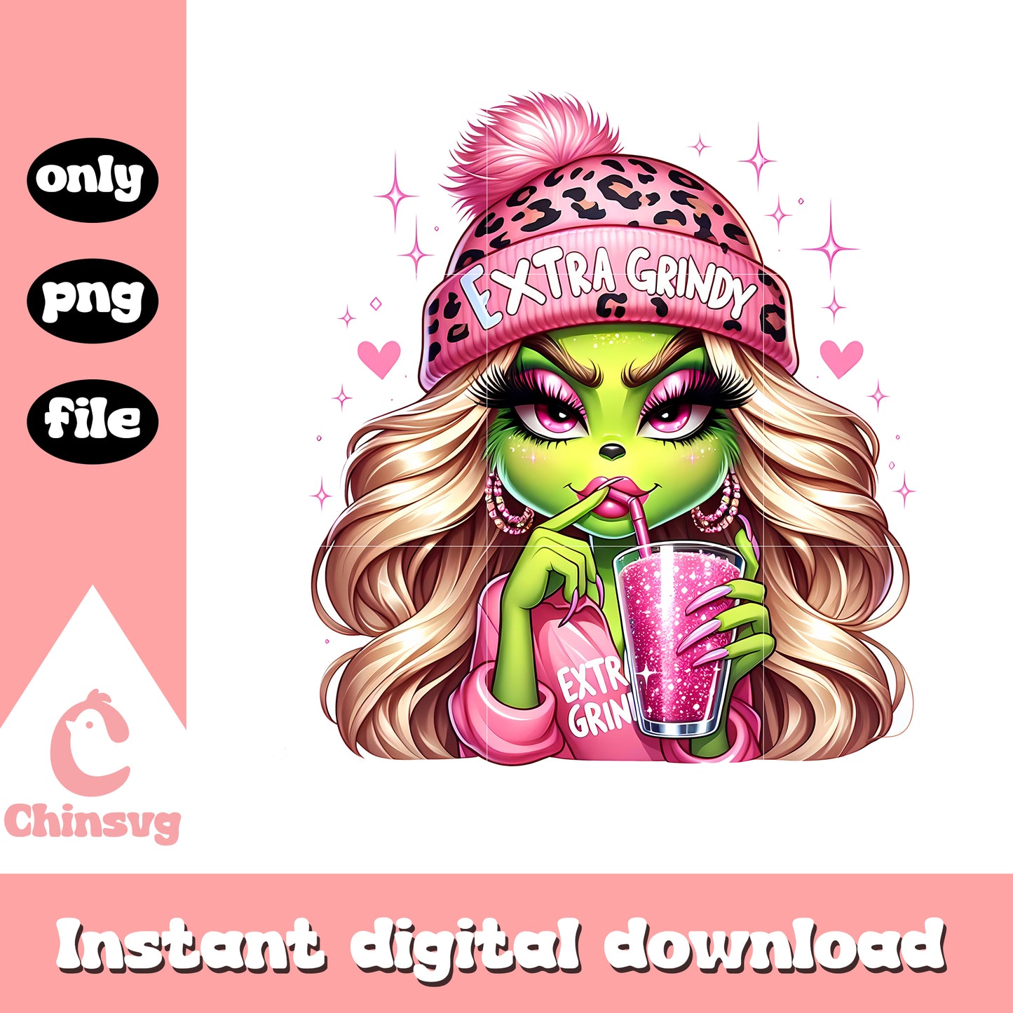 Grinch girl pink leopard drinking png, feeling grinchy png