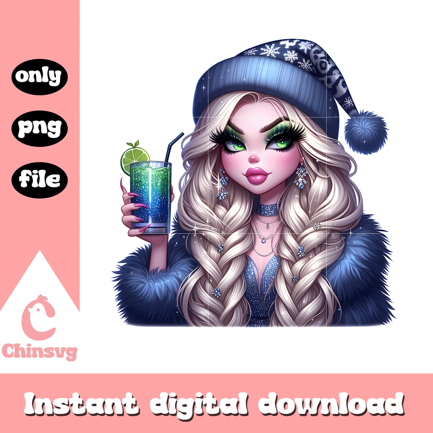 Grinch girl santa blue drinking christmas png, grinch drink png