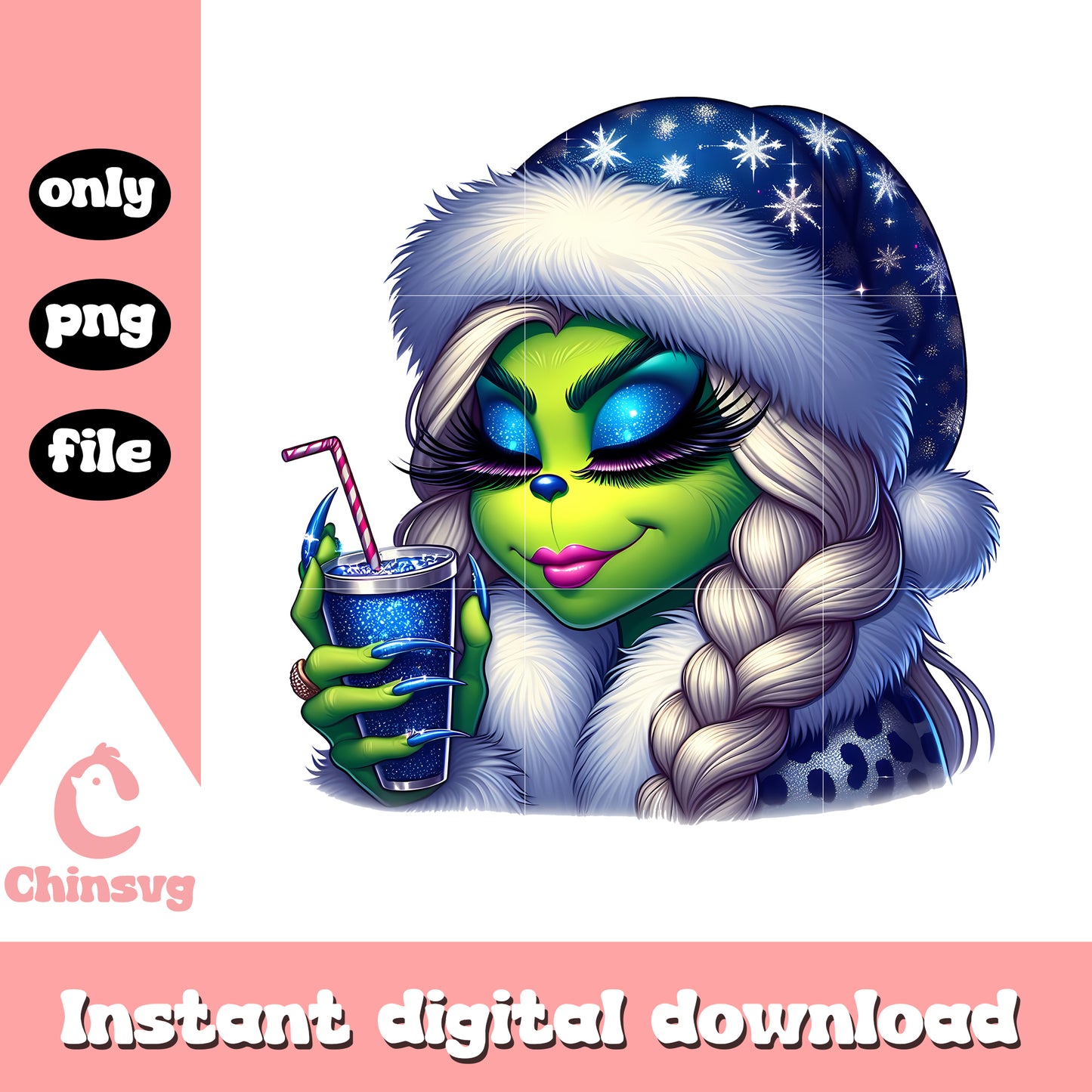 Grinch girl santa hat blue design png, grinch with santa hat png