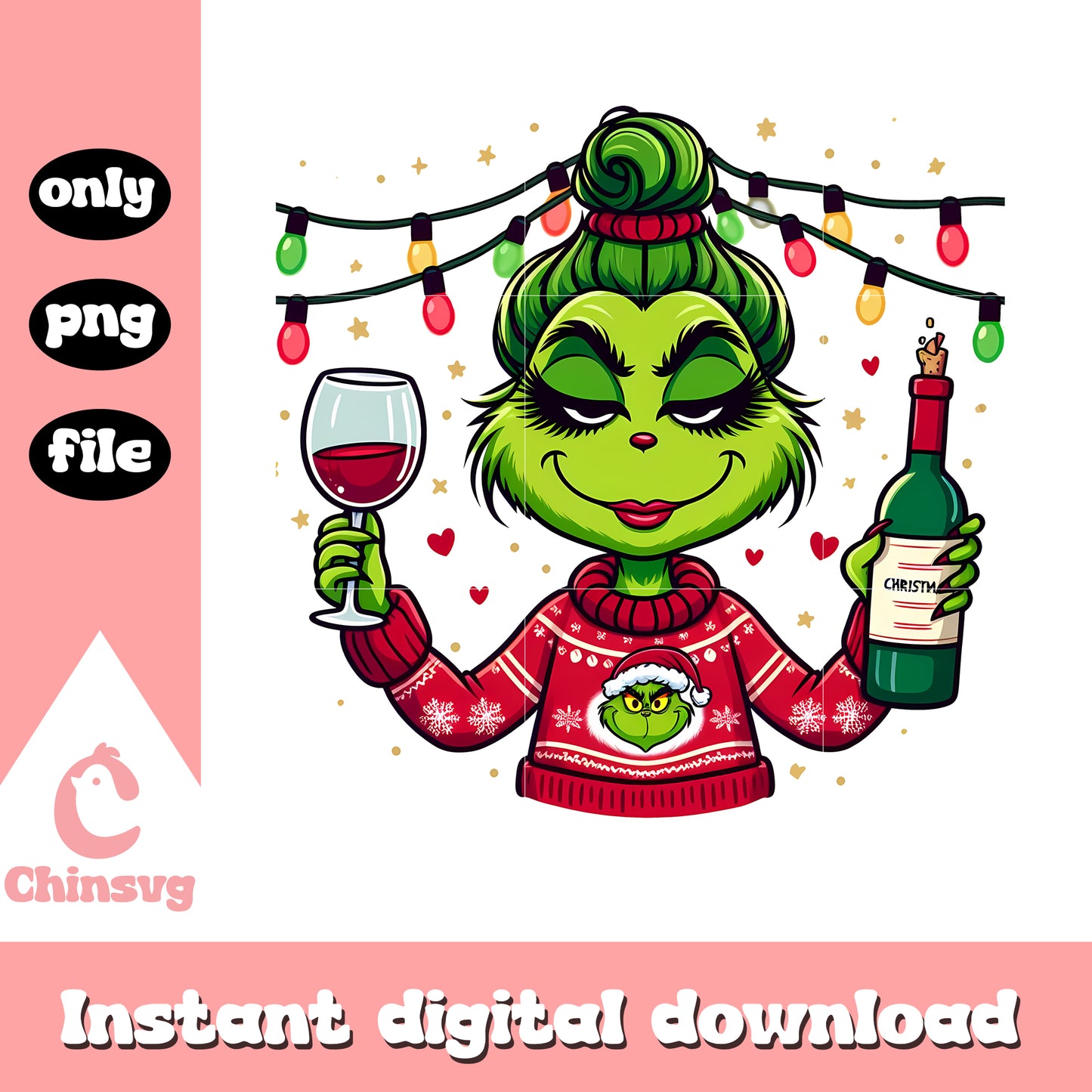 Grinch girl with wine christmas design png, grinch wine glass png