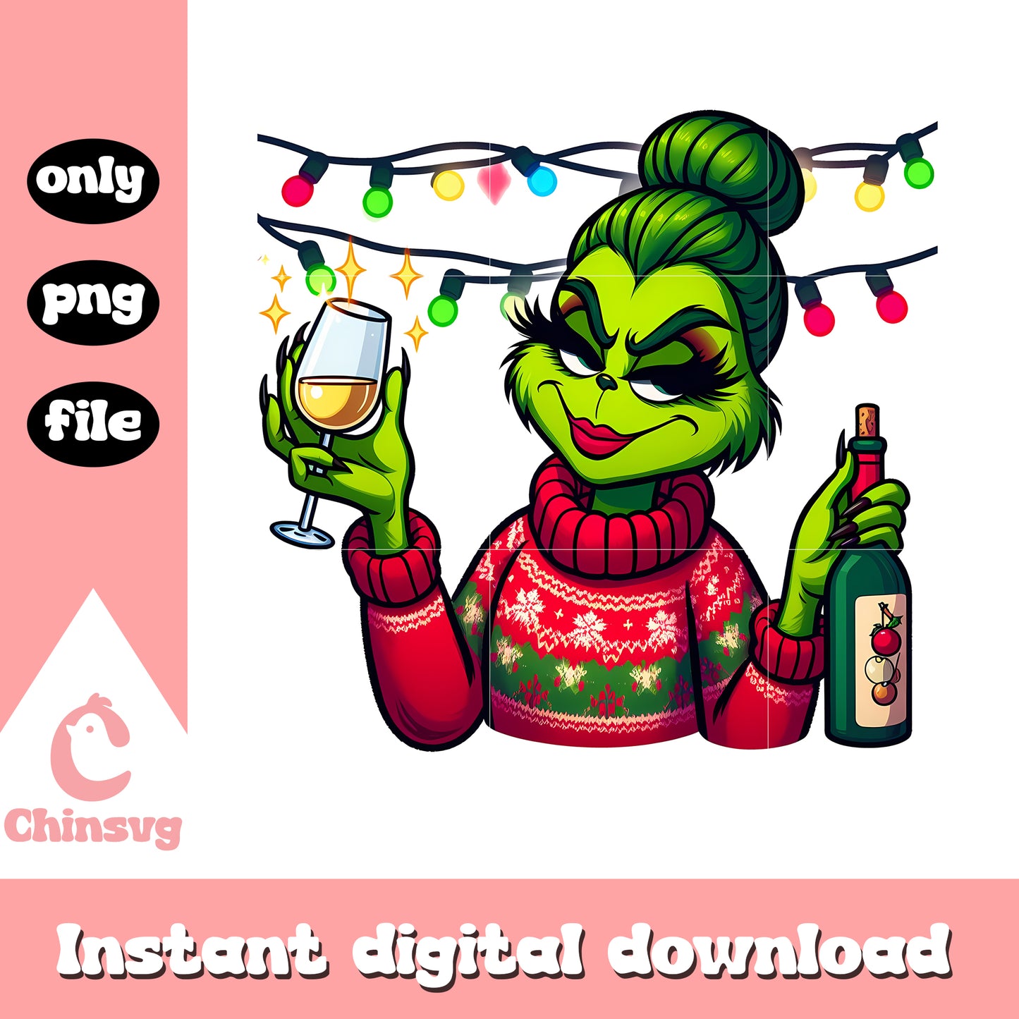 Grinch girl with wine christmas lights png, the grinch drink png