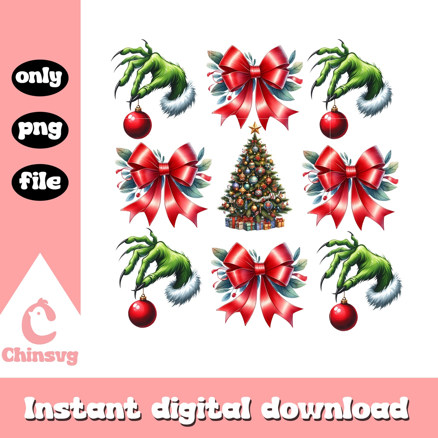 Grinch hand christmas design png, christmas bow clipart