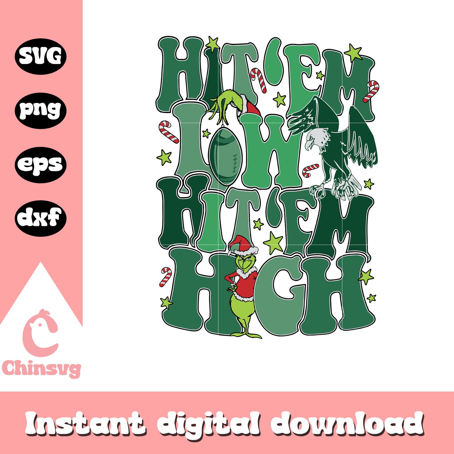 Grinch hit em low hit em high eagles svg, philadelphia eagles christmas svg