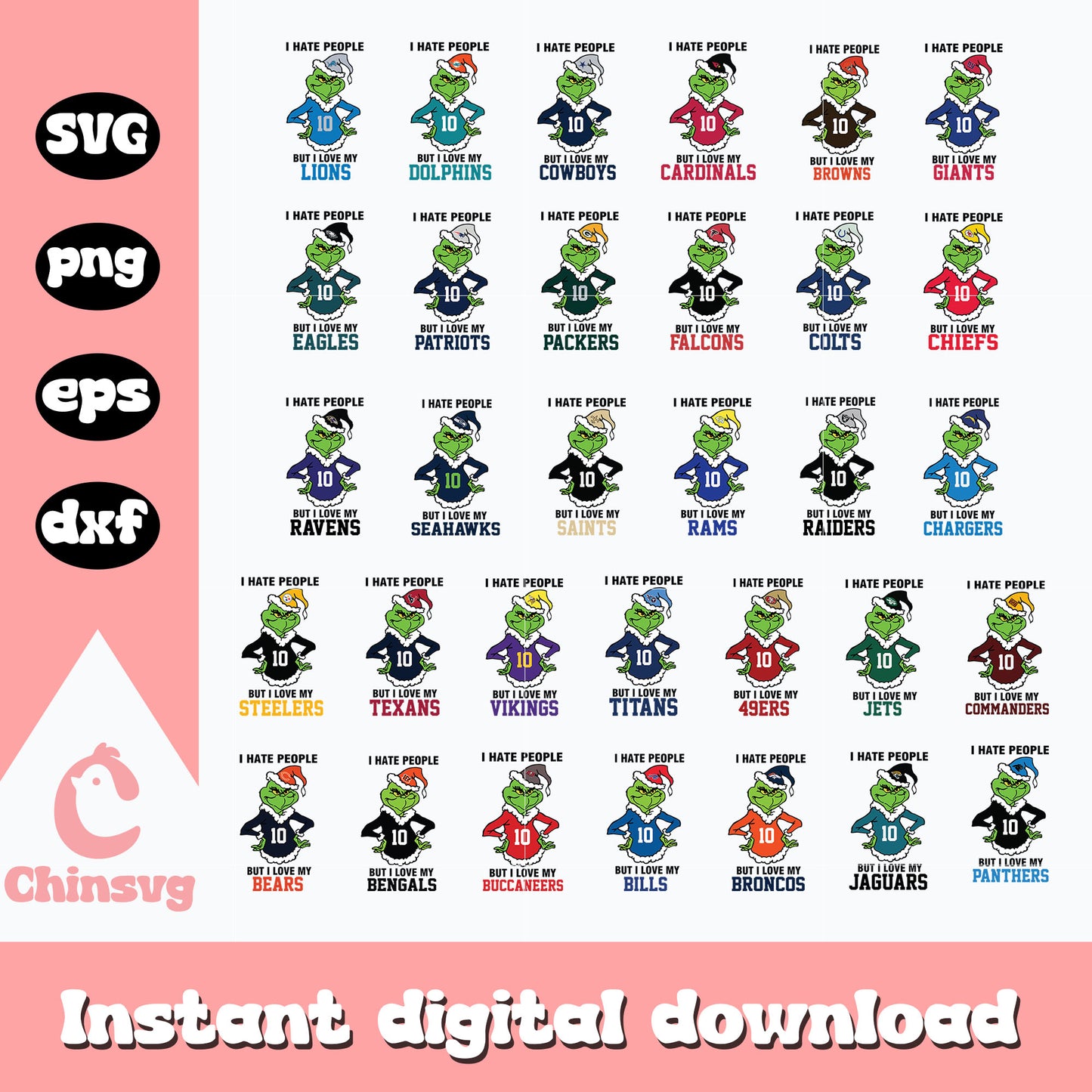 Grinch i hate people nfl teams bundle svg, 32 nfl teams svg