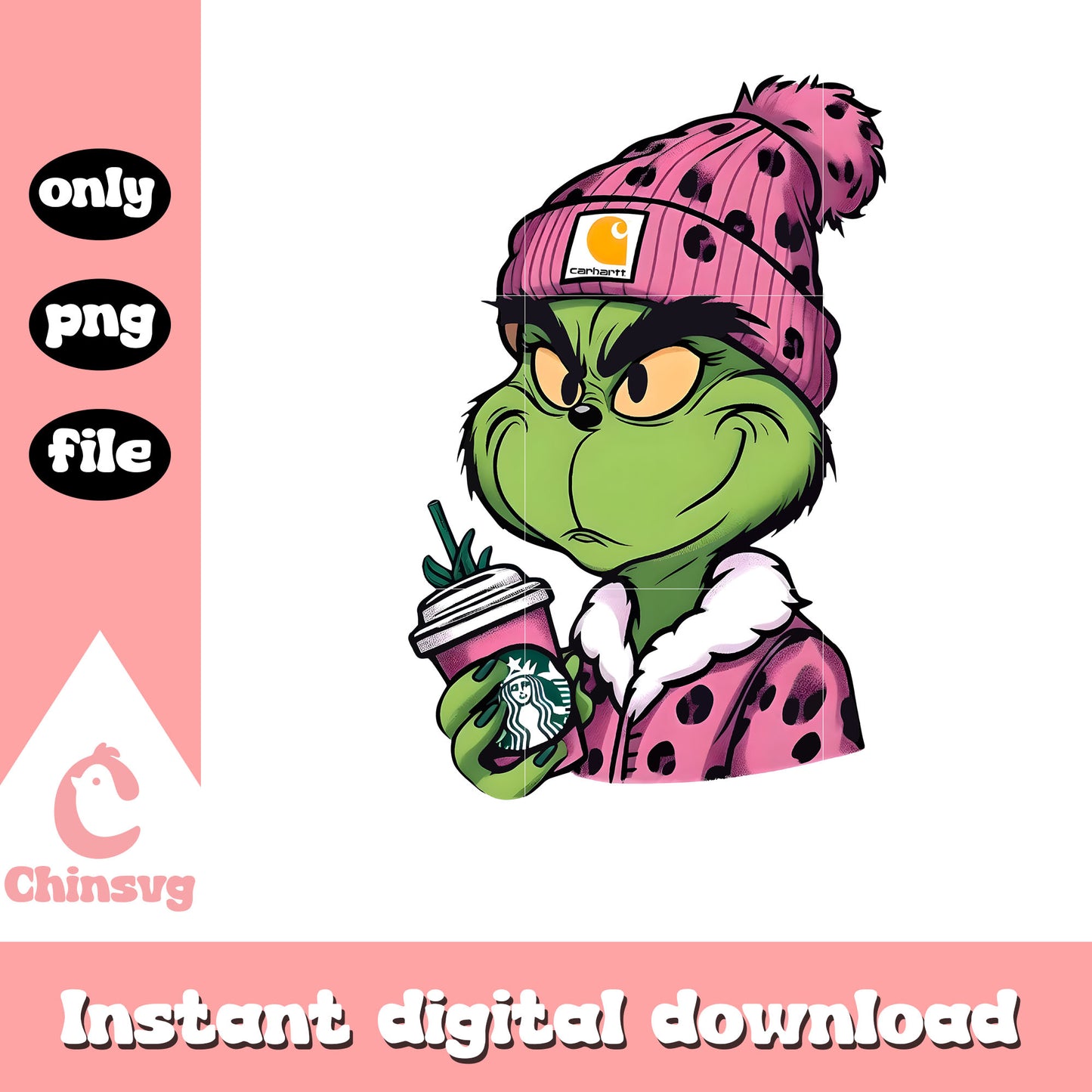 Grinch leopard pink christmas design png, grinch with coffee cup png