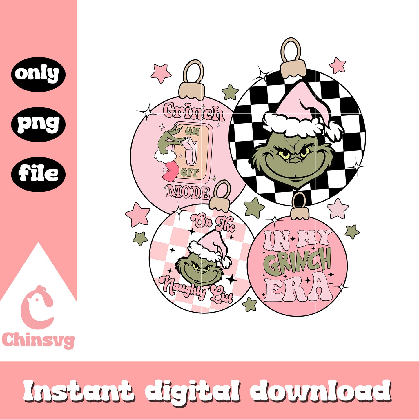 Grinch mode ornament pink png, grinch christmas ornament png