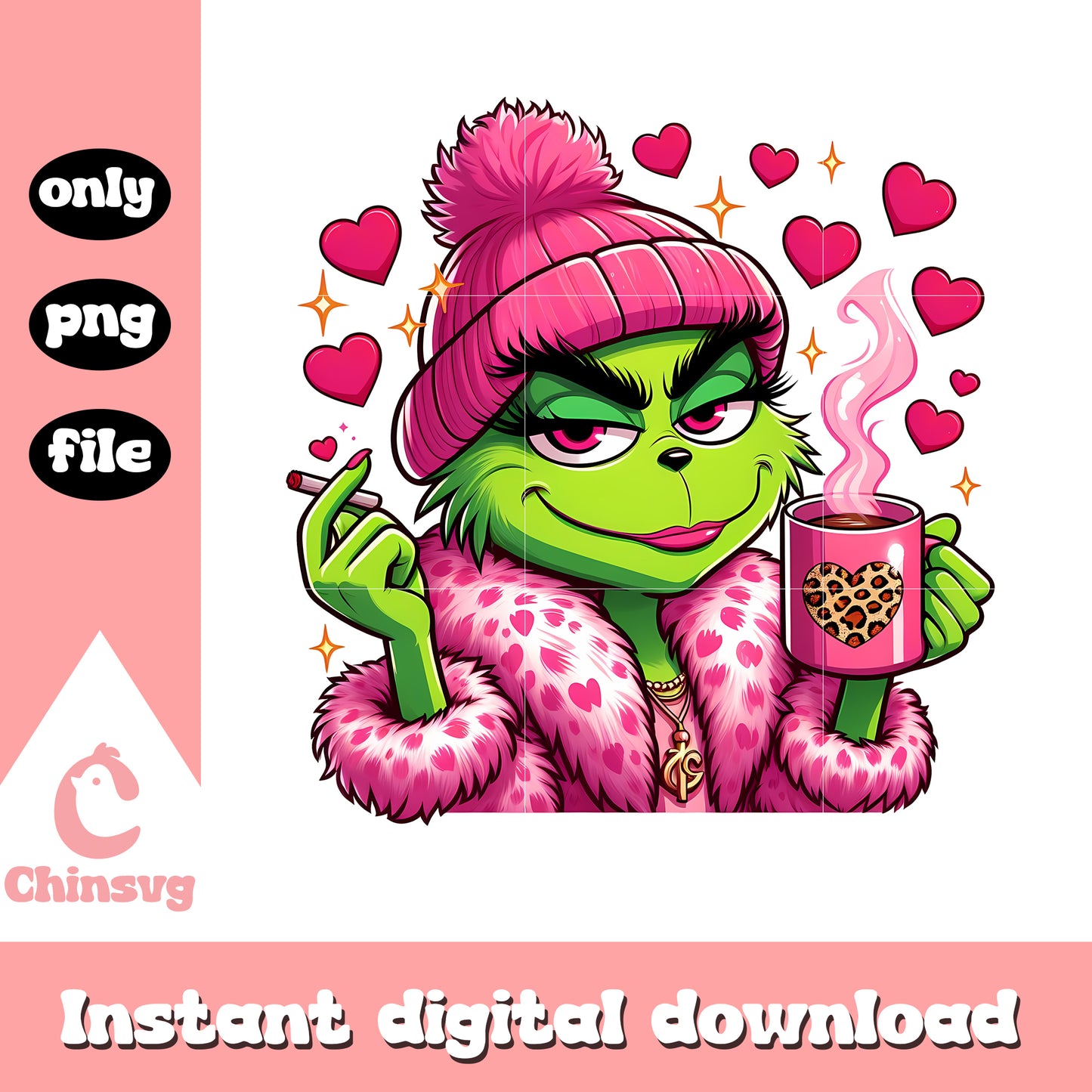 Grinch pink leopard love coffee cup png, grinch smoking png