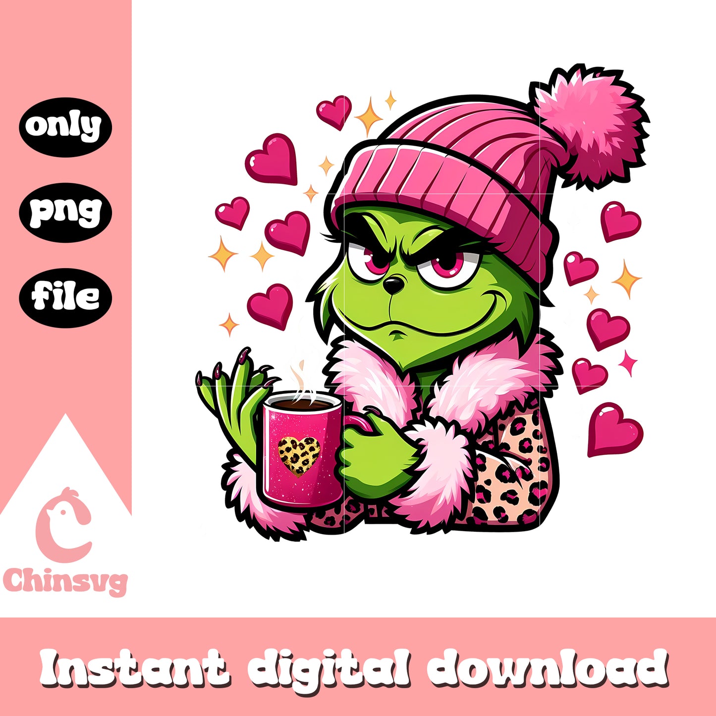 Grinch pink leopard love coffee png, grinch with coffee png