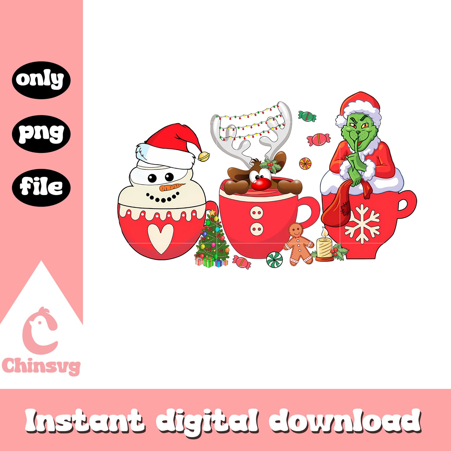 Grinch santa cup tea christmas png, grinch coffee cup png
