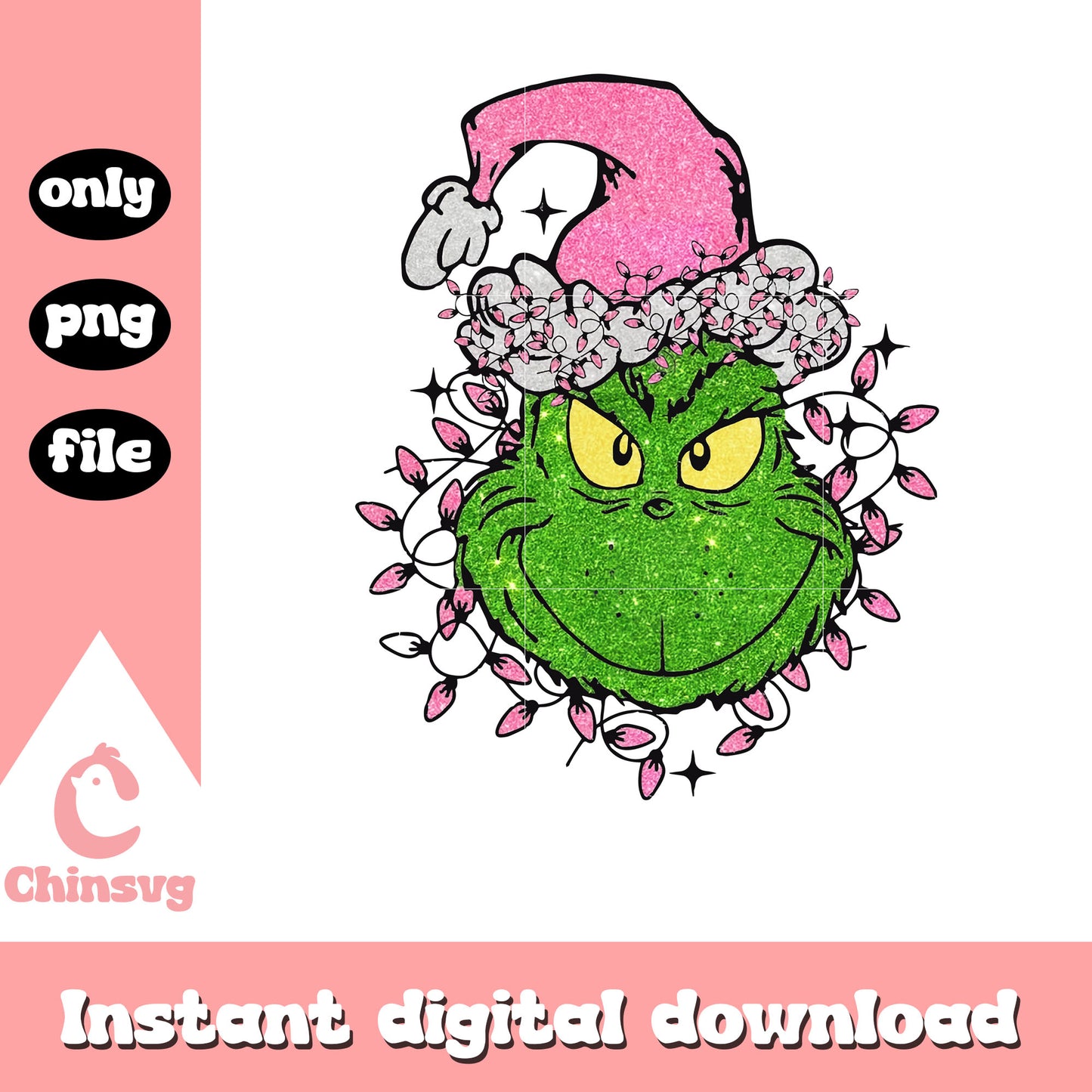 Grinch smile face pink christmas lights png, grinch santa hat png