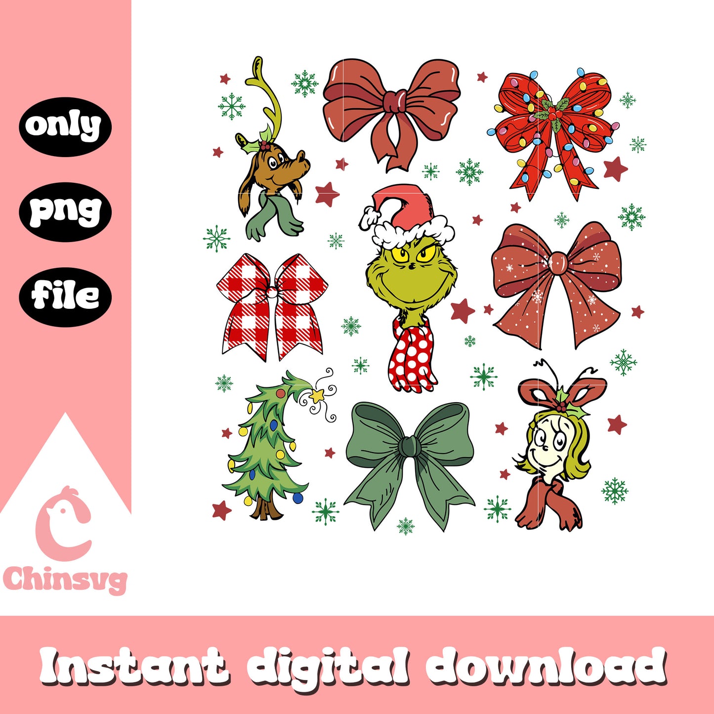 Grinch and christmas bow png, grinch movie cast png