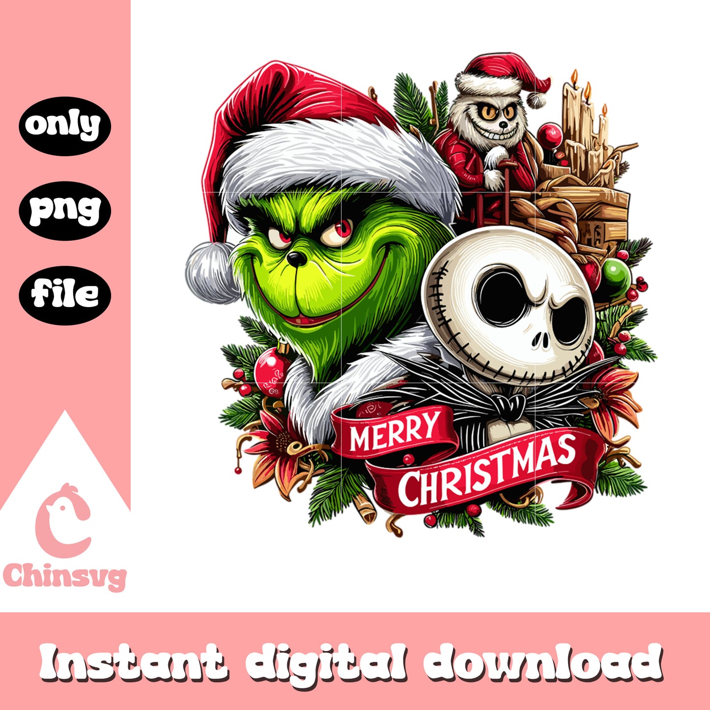 Grinch and jack merry christmas png, jack skellington png