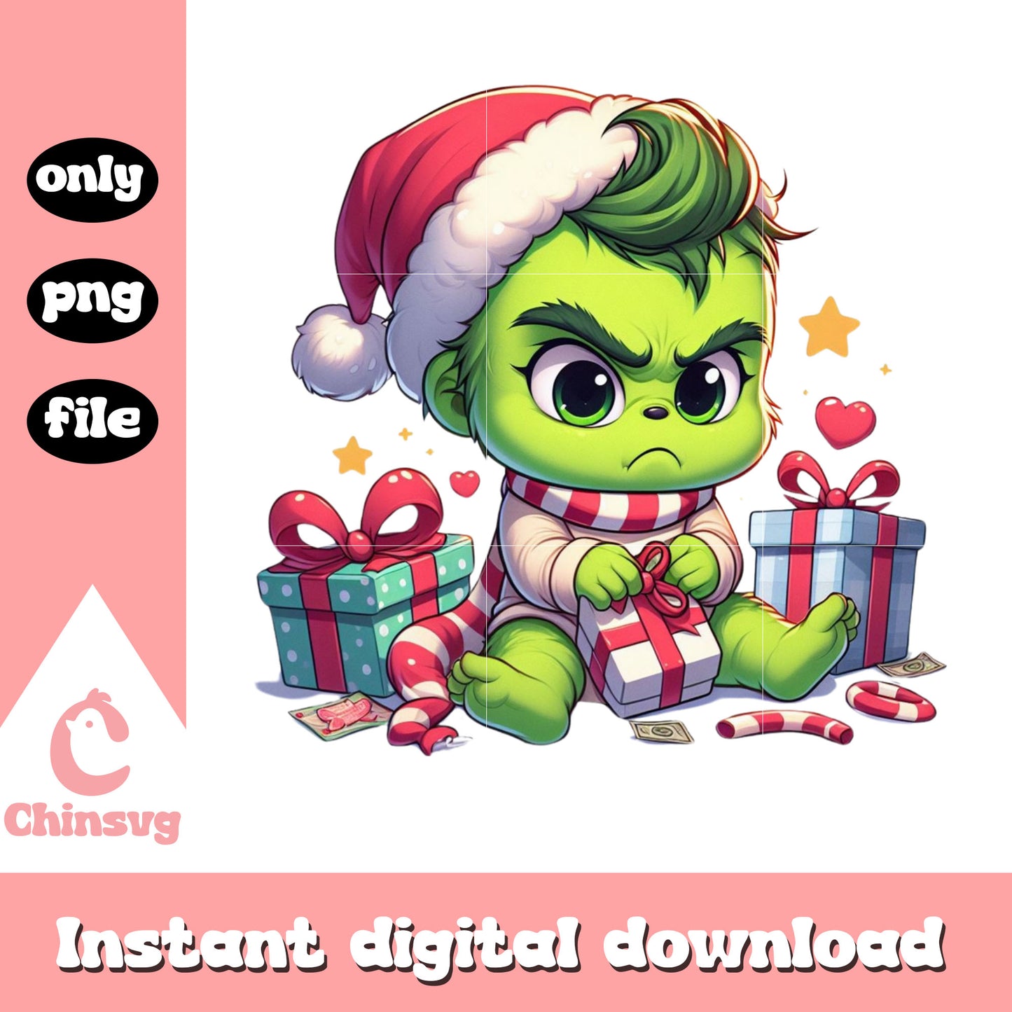Grinch baby and christmas gifts design png, grinches png