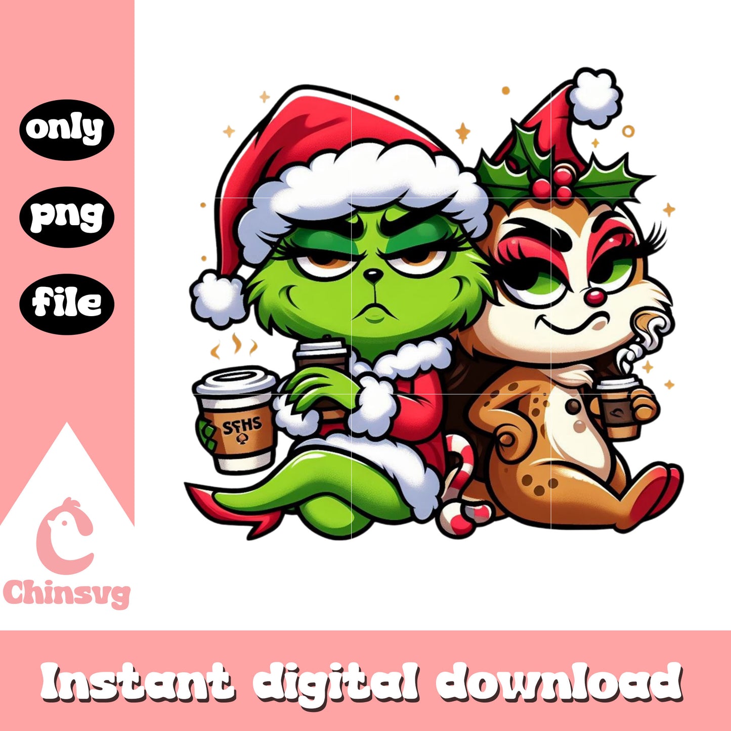 Grinch drink coffee design png, baby grinch png