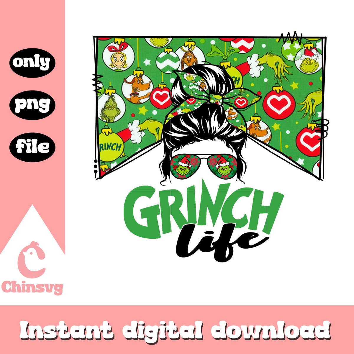Grinch life girl glasses design png, the grinch decor png