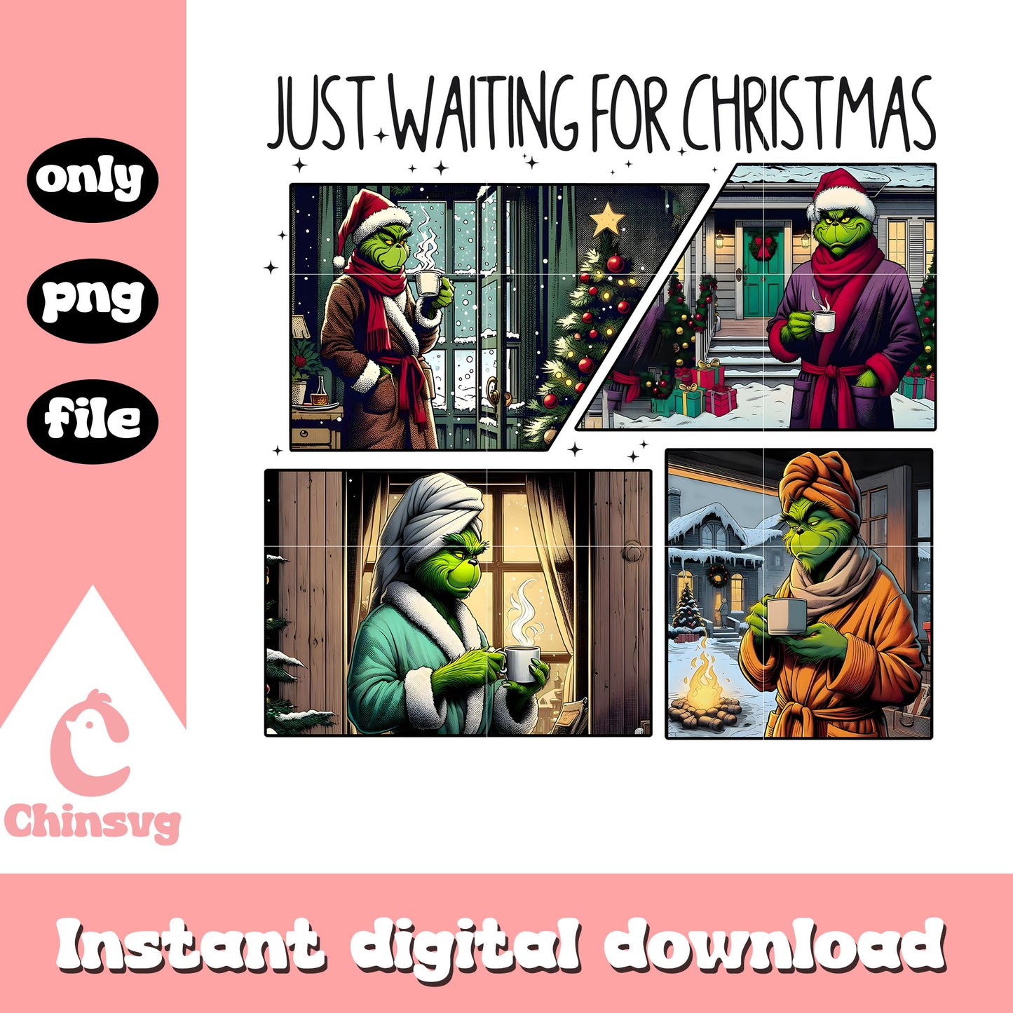 Grinh just waiting for christmas png, grinch santa hat png
