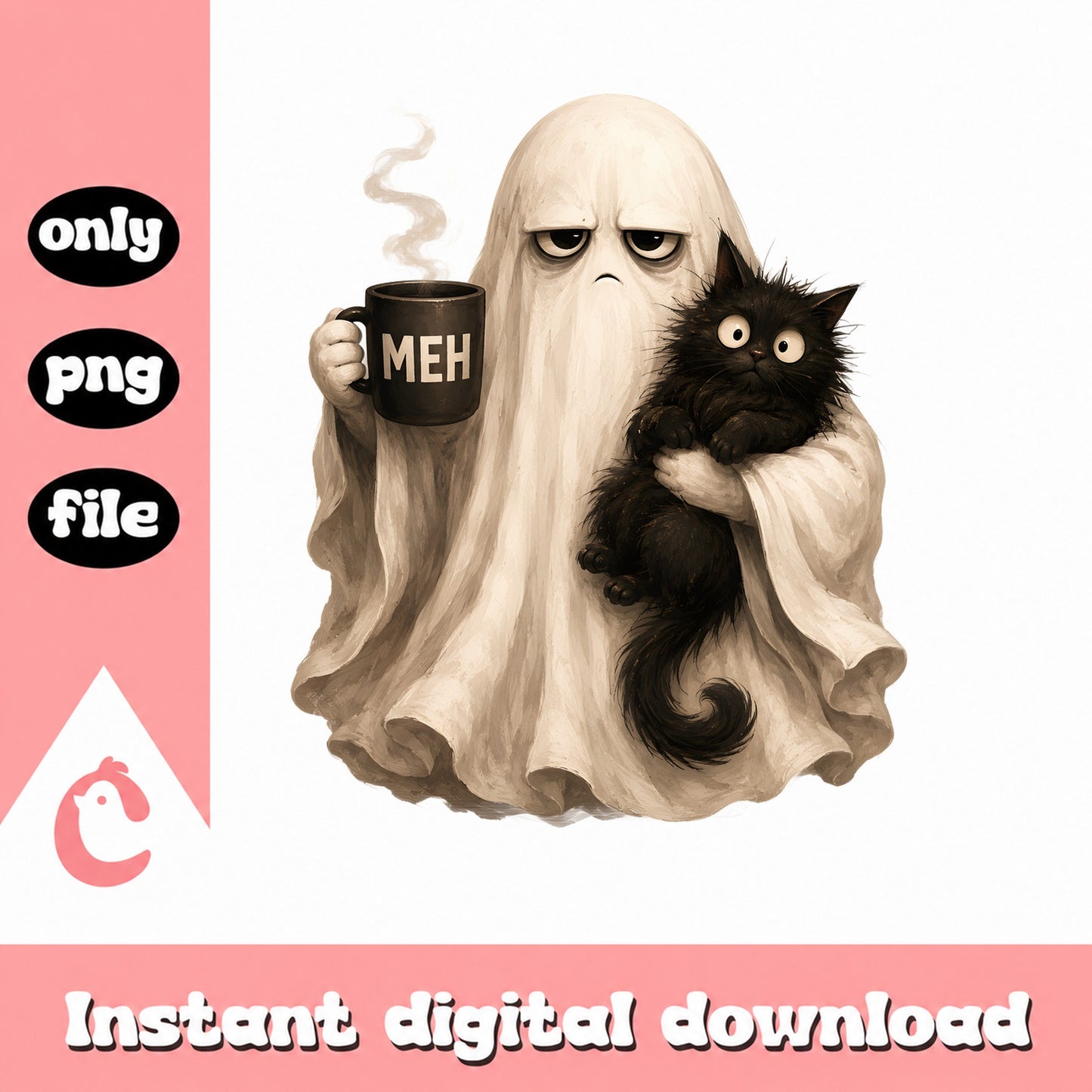Grumpy Ghost With Black Cat And Coffee Mug, Halloween PNG, Funny Ghost PNG