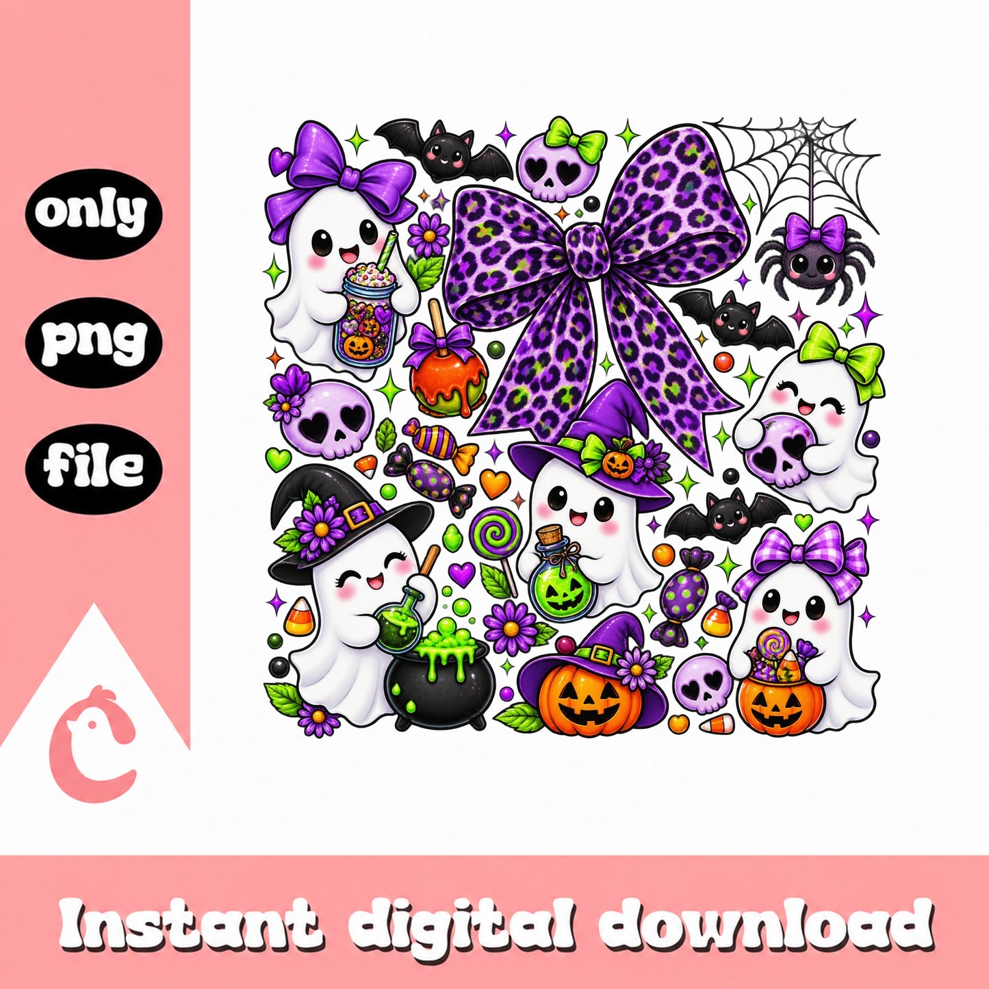 Halloween Cute Ghost Clipart Bundle, Purple Leopard Bow PNG, Spooky PNG