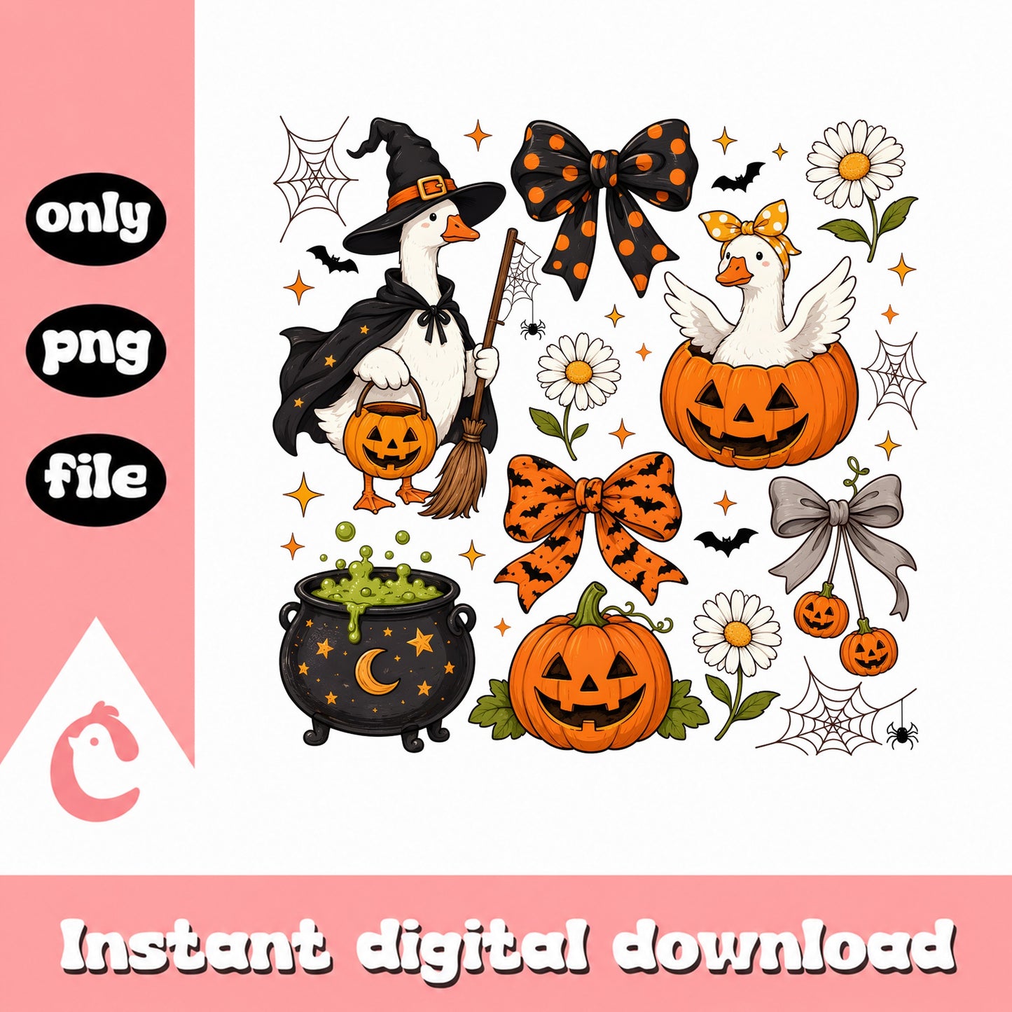 Halloween Duck Witch Clipart Bundle, Pumpkin Bow PNG, Halloween PNG