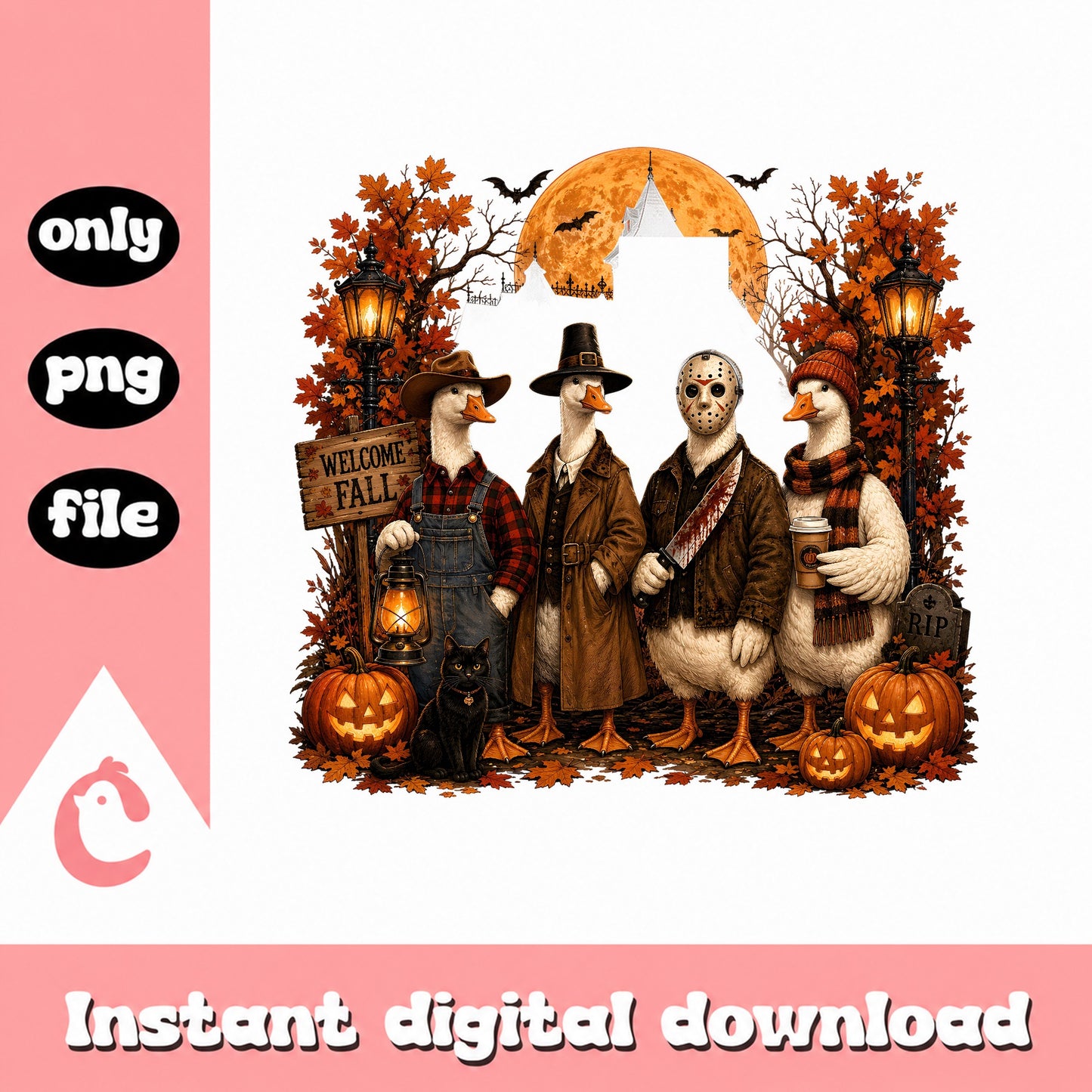 Halloween Goose Gang PNG, Fall Autumn Thanksgiving, Spooky Geese PNG